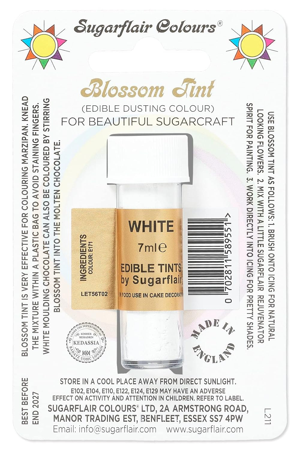 Livsmedelsfärgpulver Sugarflair Blossom Tint Duting, vit - Livsmedelsfärgpulver för dekoration av färgad sockerpasta, fondant, glasyr, choklad, smörkräm, makroner - 7 ml
