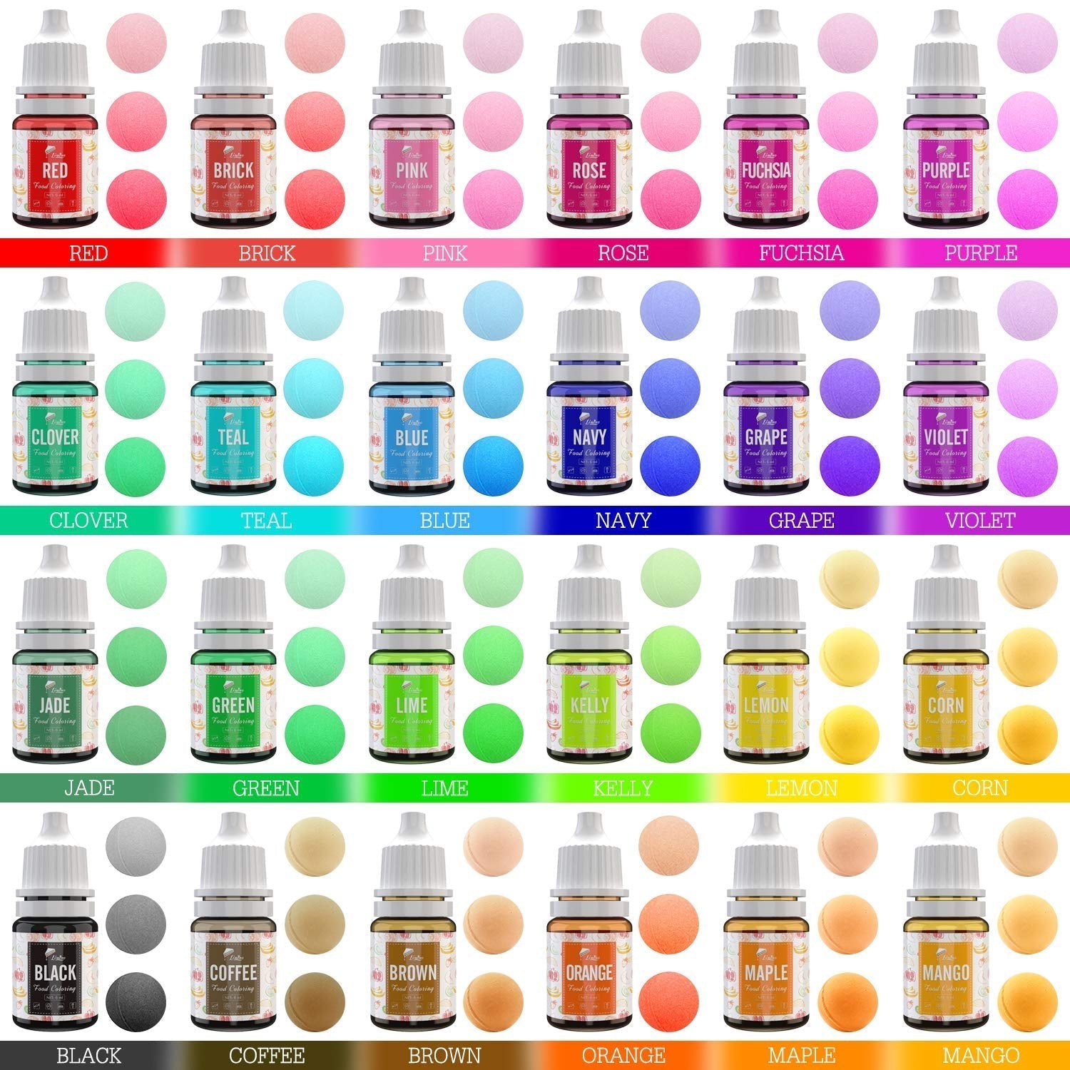 24 färger matfärgning - flytande matfärg för bakning av kakor, kakor, macarons, dekoration och matlagning - livlig matfärg för luftborstning, fondant - 6 ml styck