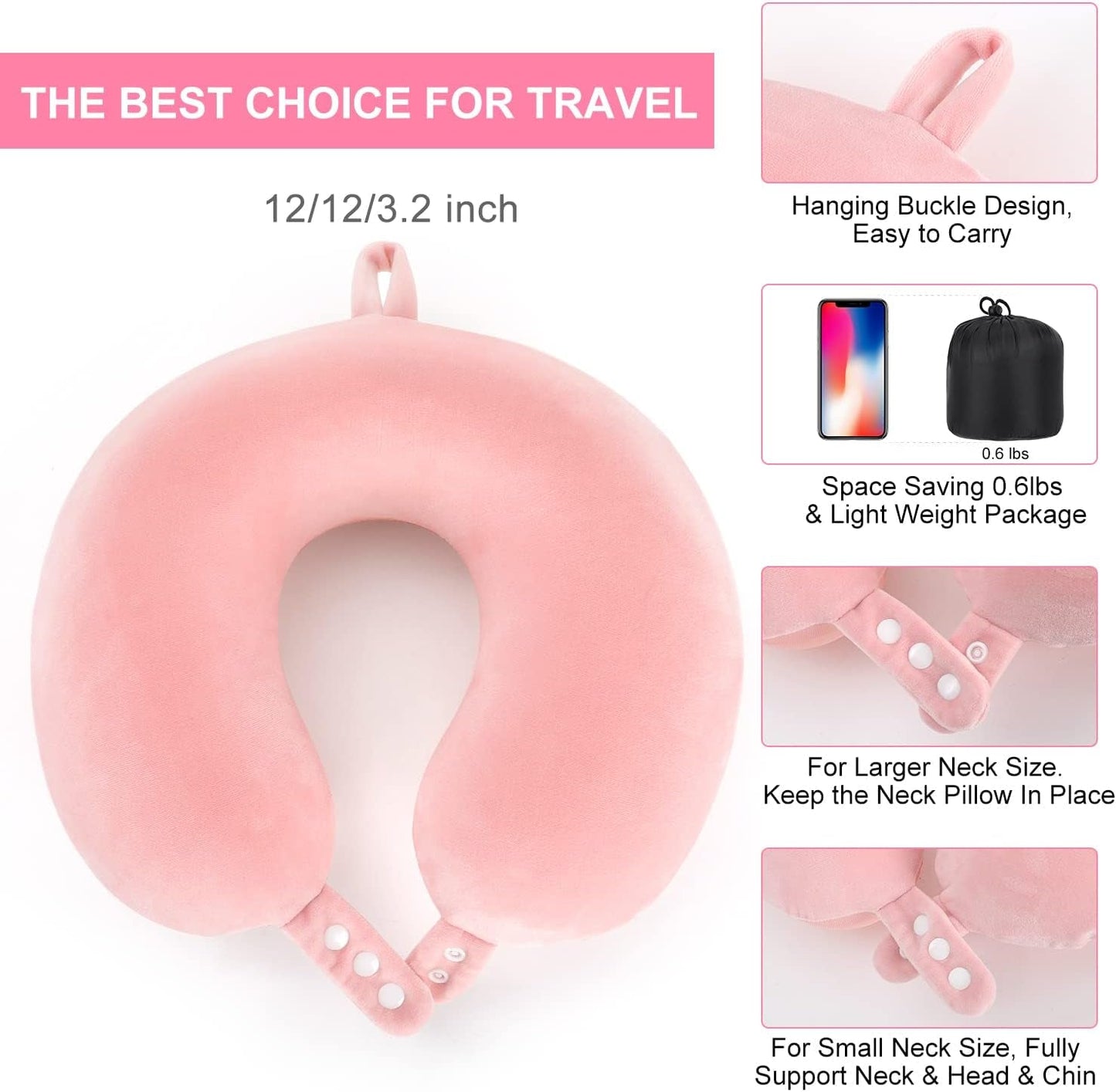 TALLGO Travel Nackkudde, Bästa Memory Foam Flygplanskudde för nackstöd, Mjuk justerbar kudde för flygplan, bil och hem, Rosa cervikala ortopediska kuddar Naty Shop