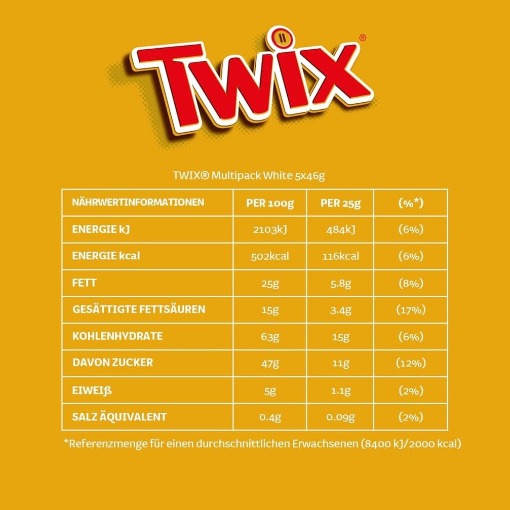 Twix vita chokladkakor; kola, kex, vit choklad; flera paket choklad; 5 barer (5 x 46 g)