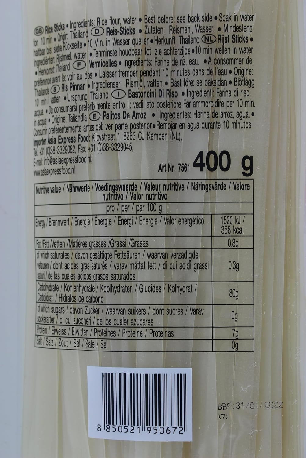 Risnudlar - thailändska, 10 mm breda risbandsnudlar, gjorda av rismjöl, raka - 1 x 400 g