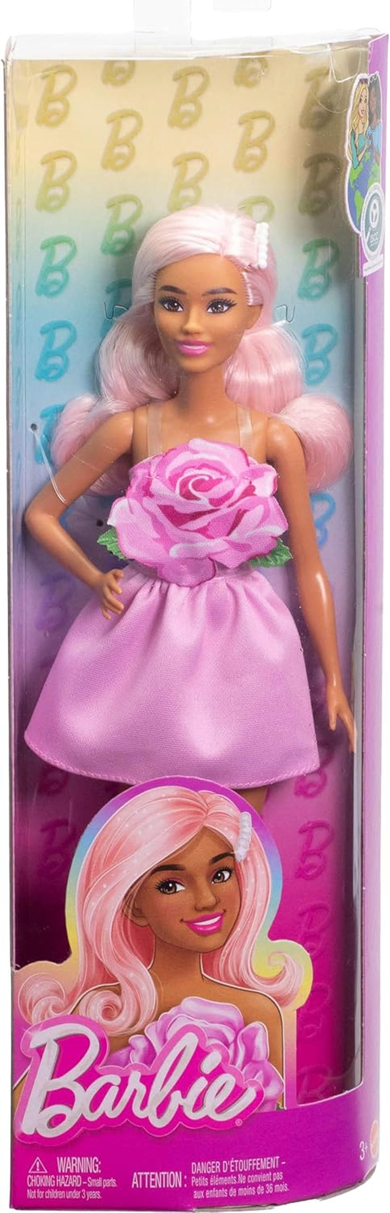 Barbie Fashionistas docka nr. 238 med pastellrosa hår, axelbandslös klänning med rosa topp, pärlhårsklämma och högklackat med remmar, HYT94 Naty Shop Dolls