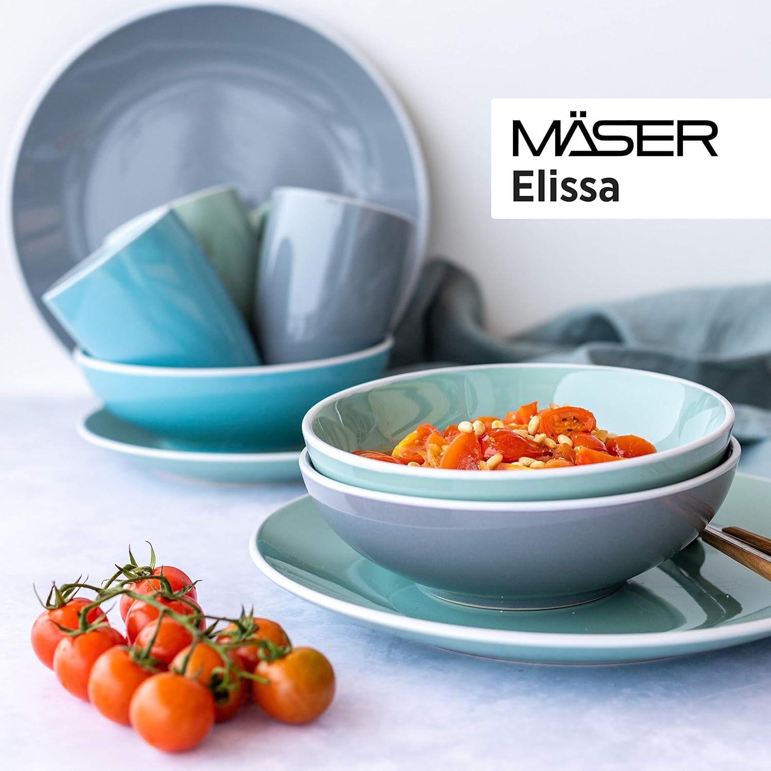 MÄSER 931844 Elissa Series Moderna servisset för 6, blå med vit kant, 24-delat kombinationsset, keramik