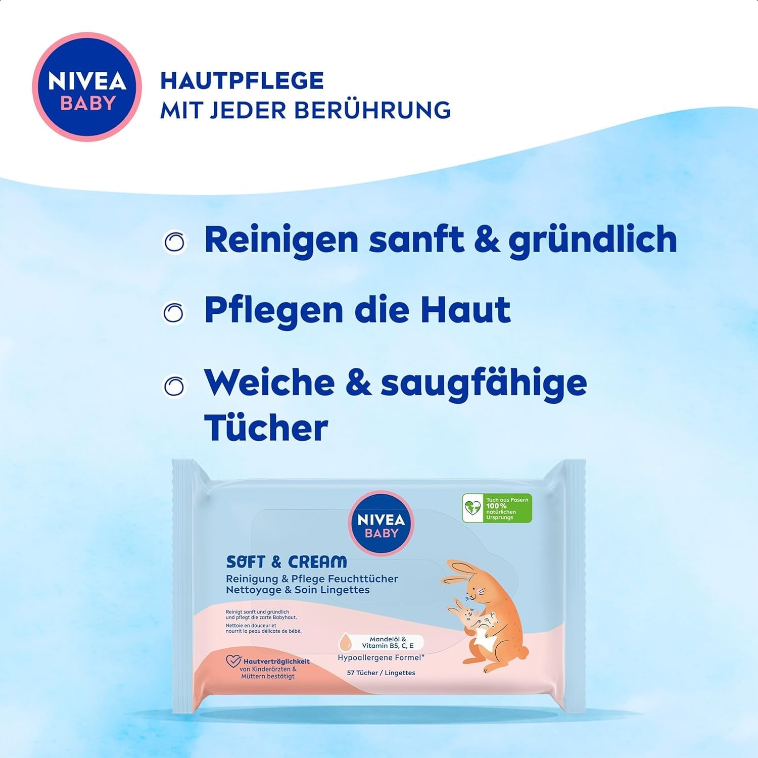 NIVEA BABY Soft & Cream våtservetter för bebisar (4 x 57 stycken)
