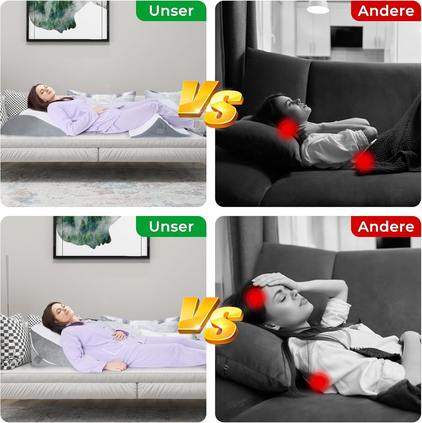 Justerbar kilkudde, läskudde av högdensitetsskum med nackrulle för säng och soffa, ergonomisk sängkil för sömnrefluxapné, benkudde, ryggkudde för läsning, spel eller tv-tittande