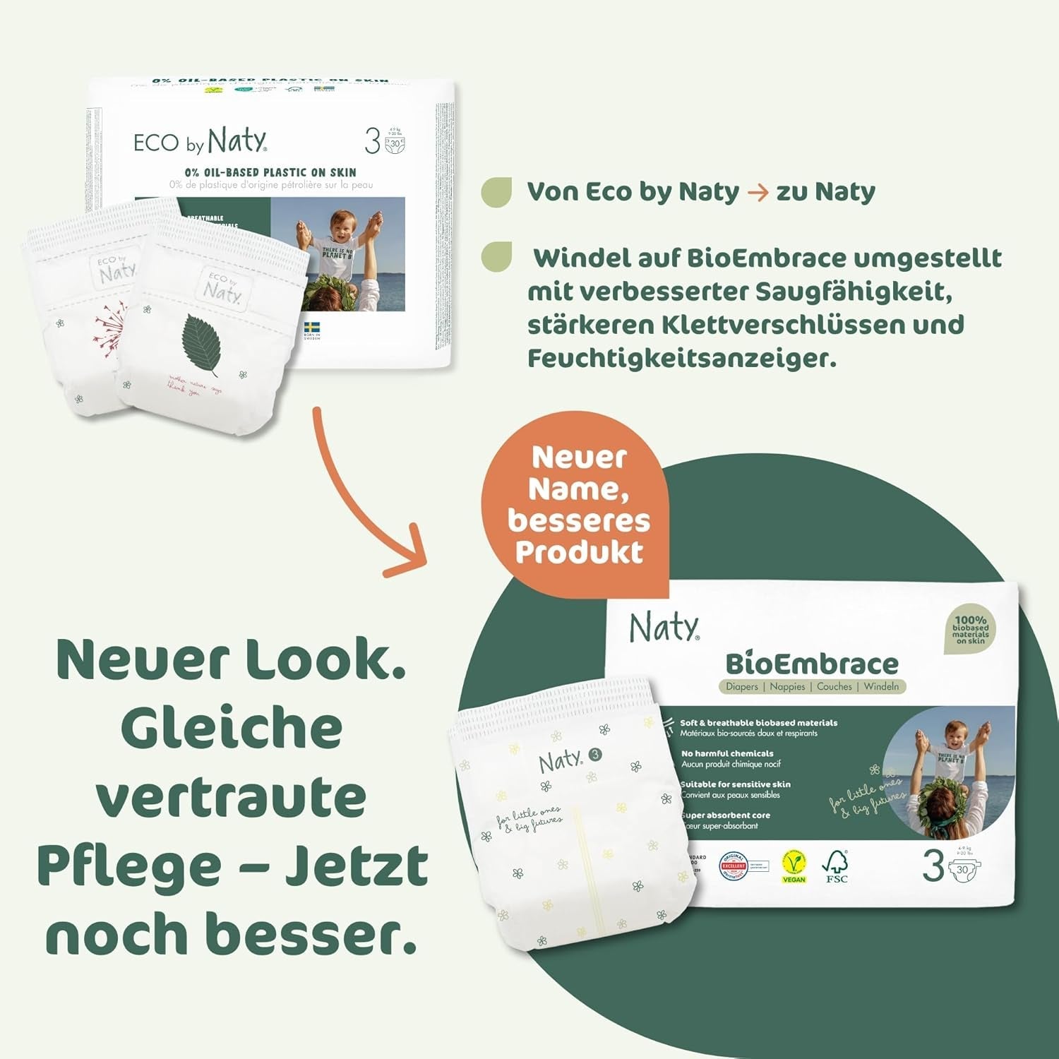 Naty BioEmbrace babyblöjor, storlek 3 (4–9 kg) | 100 % växtbaserade material, skonsamma mot huden | Andas mjukhet, dermatologiskt testad, utmärkt absorption | 100 st.