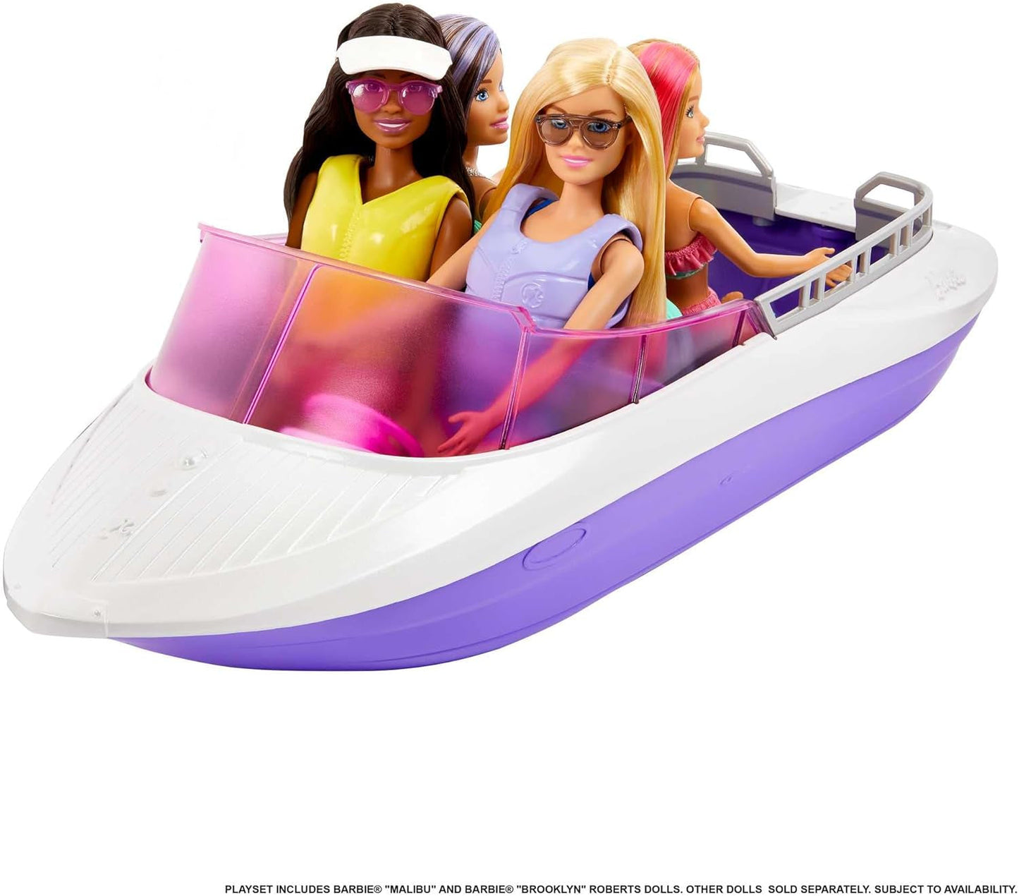 Barbie HHG60 - sjöjungfrumotorbåt med 2 dockor (blond/brunett) och olika tillbehör, leksak för barn från 3 år och uppåt