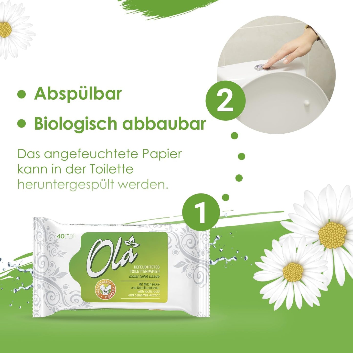 OLA vått toalettpapper - (1X40 stycken) Våtservetter - kamomillextrakt och mjölksyra, tvättbar, känslig hud - 40 stycken