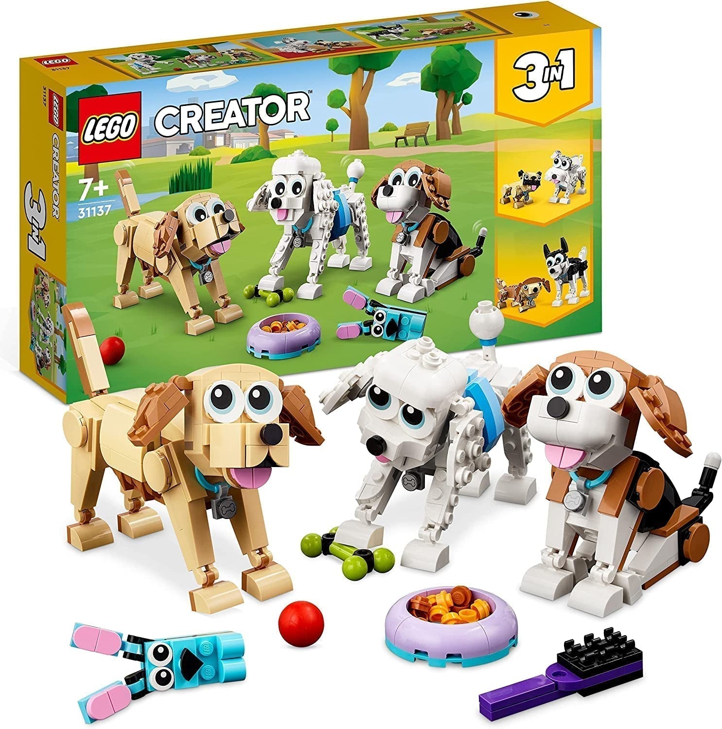 LEGO 31137 Creator 3-i-1 söt hundset med djurfigurer tax, mops, pudel och mer, leksak för barn 7+, present till hundälskare Byggset Besuche den LEGO-Store Standardtitel