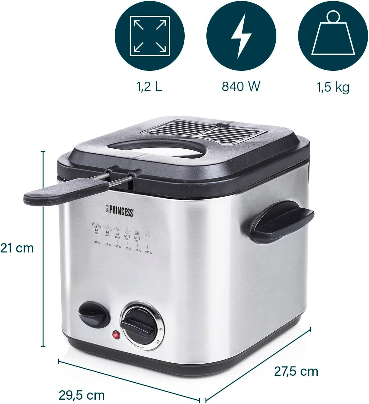 Princess 182611 Mini Fondue Fritös - Snabbuppvärmning - Luktfilter - 1,2 liters kapacitet, Silver Hushållsapparater Naty Shop