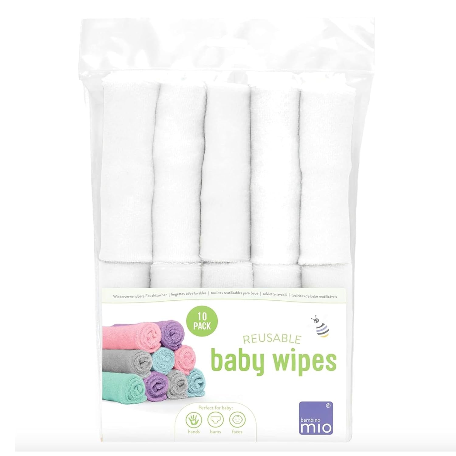 Bambino Mio återanvändbara babyservetter - Basic - Miljövänliga, Kemikaliefria, Dubbelsidiga, Tvättbara, 10-pack, Moln - Förpackningen kan variera