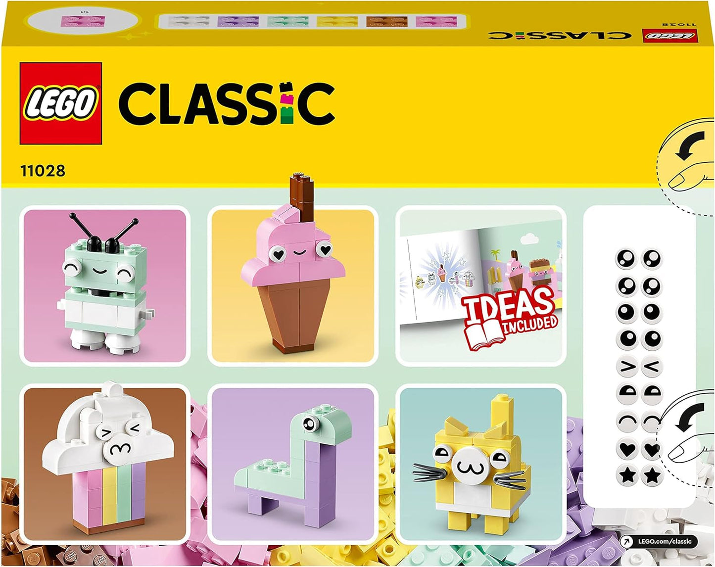 LEGO 11028 Classic Pastell Creative Building Set Tegellåda, byggleksak för flickor och pojkar i åldrarna 5+ med modeller; glass, dinosaurie, katt med mera Byggset Besuche den LEGO-Store