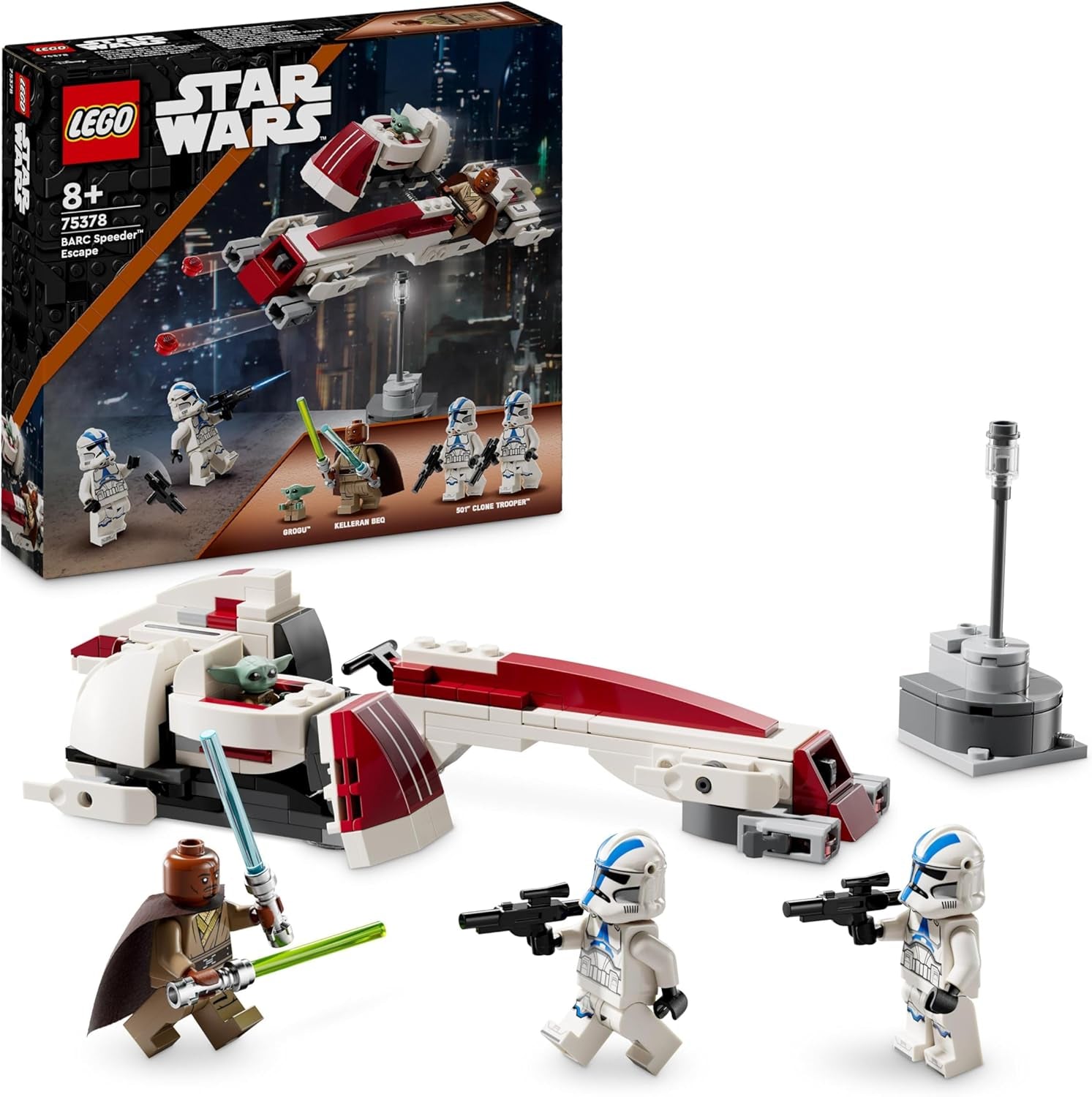 LEGO Star Wars Escape With The BARC Speeder, Mandalorian-setet, leksakscykel med sidvagn, inkluderar figurerna Kelleran Beq och Grogu, present till pojkar och flickor från 8 år 75378 Byggset Besuche den LEGO-Store Toy Brick