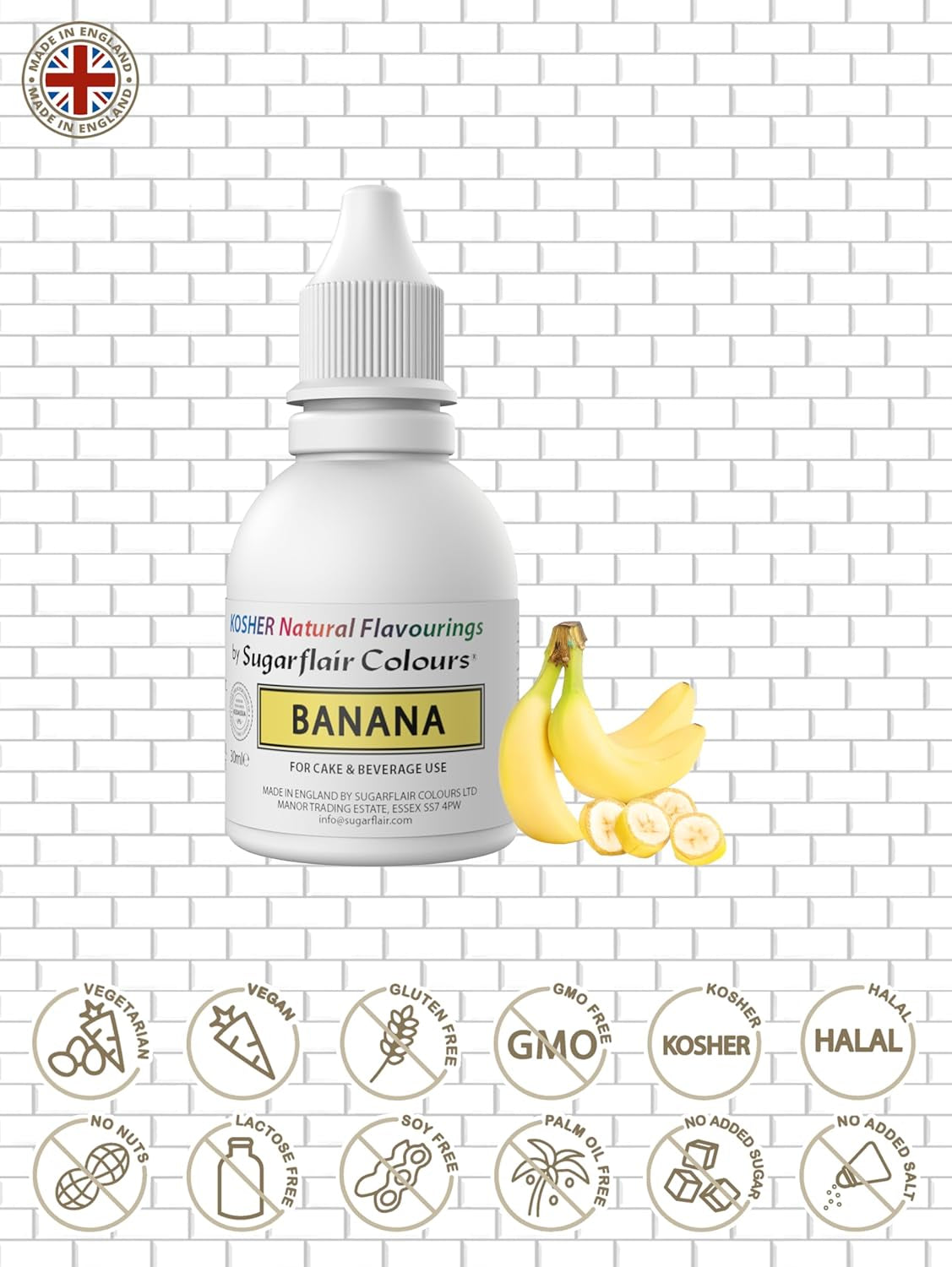 Sugarflair Kosher Banana Natural Food Flavour Intensiva smakdroppar för kakor, muffins, glasyr, drycker, glass - 100 % naturlig smak - 30 ml