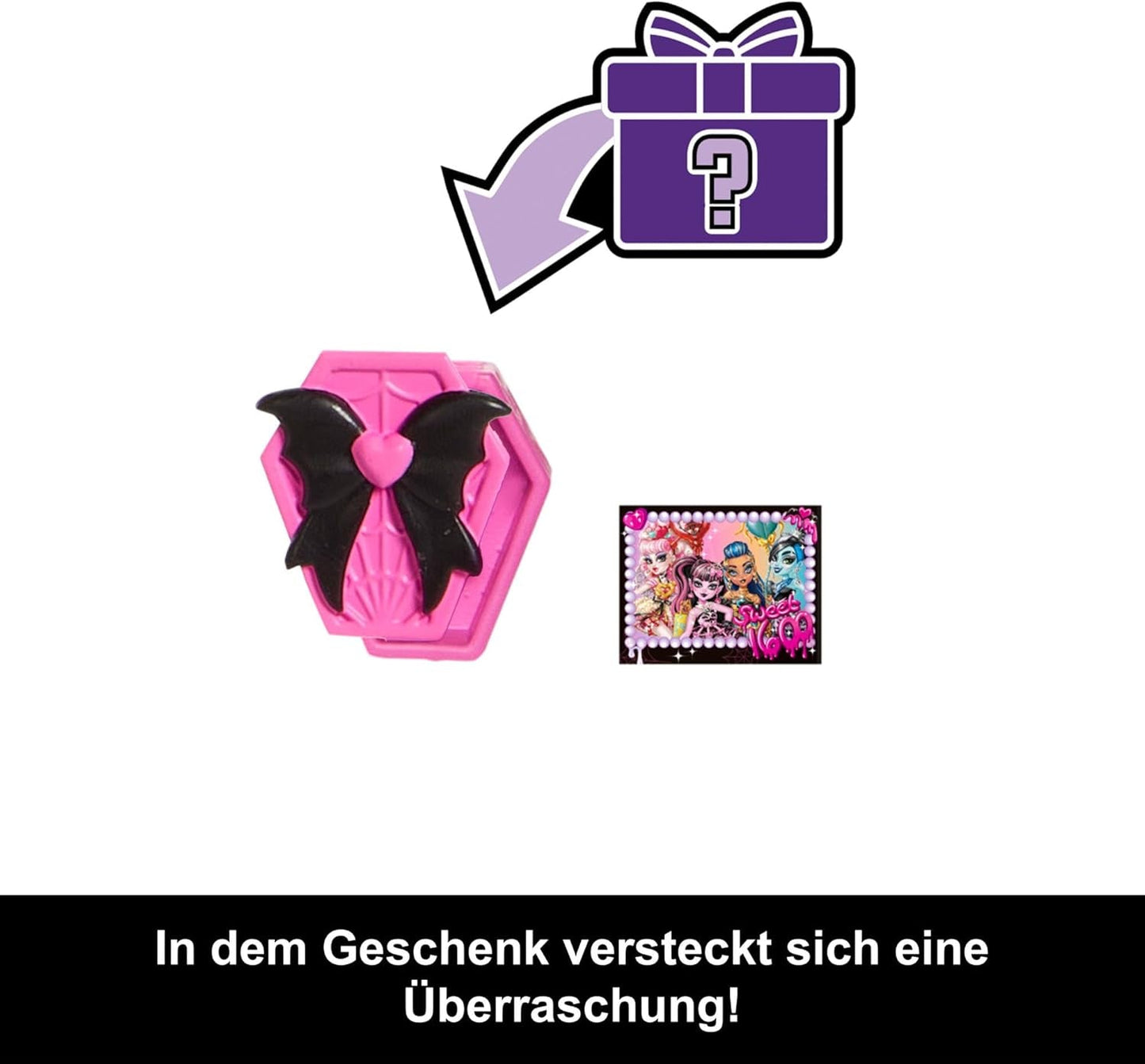 Läskig och söt Monster High födelsedagsdocka Draculaura i en rosa festklänning med tillbehör med teman som inbjudan, ballong, present, fans och mer, JBG74