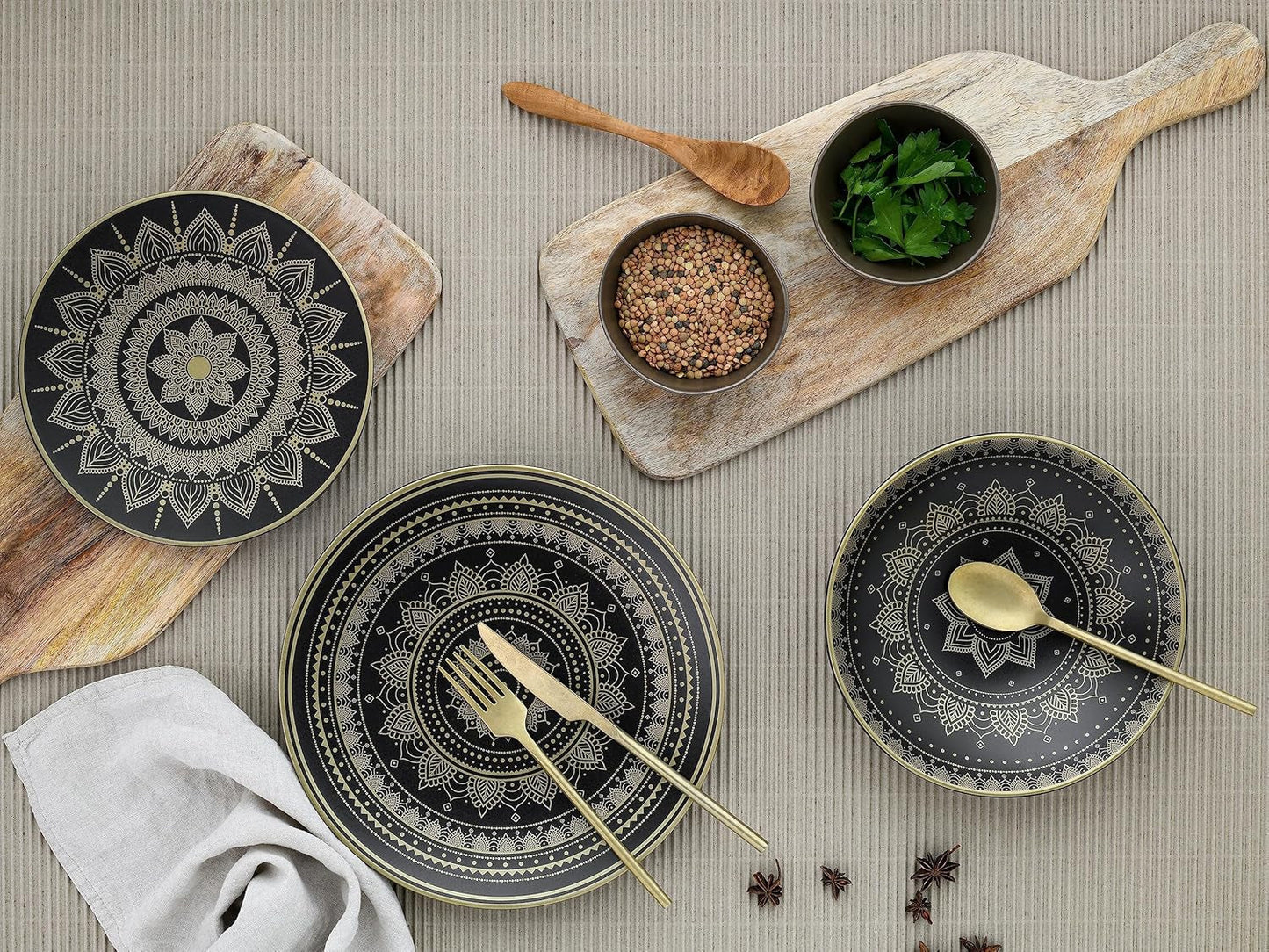 CreaTable, 23588, MANDALA GOLD Series - Svart, 12-delat servisset, porslinstallrikar, diskmaskin och mikrovågssäker, kvalitetstillverkning