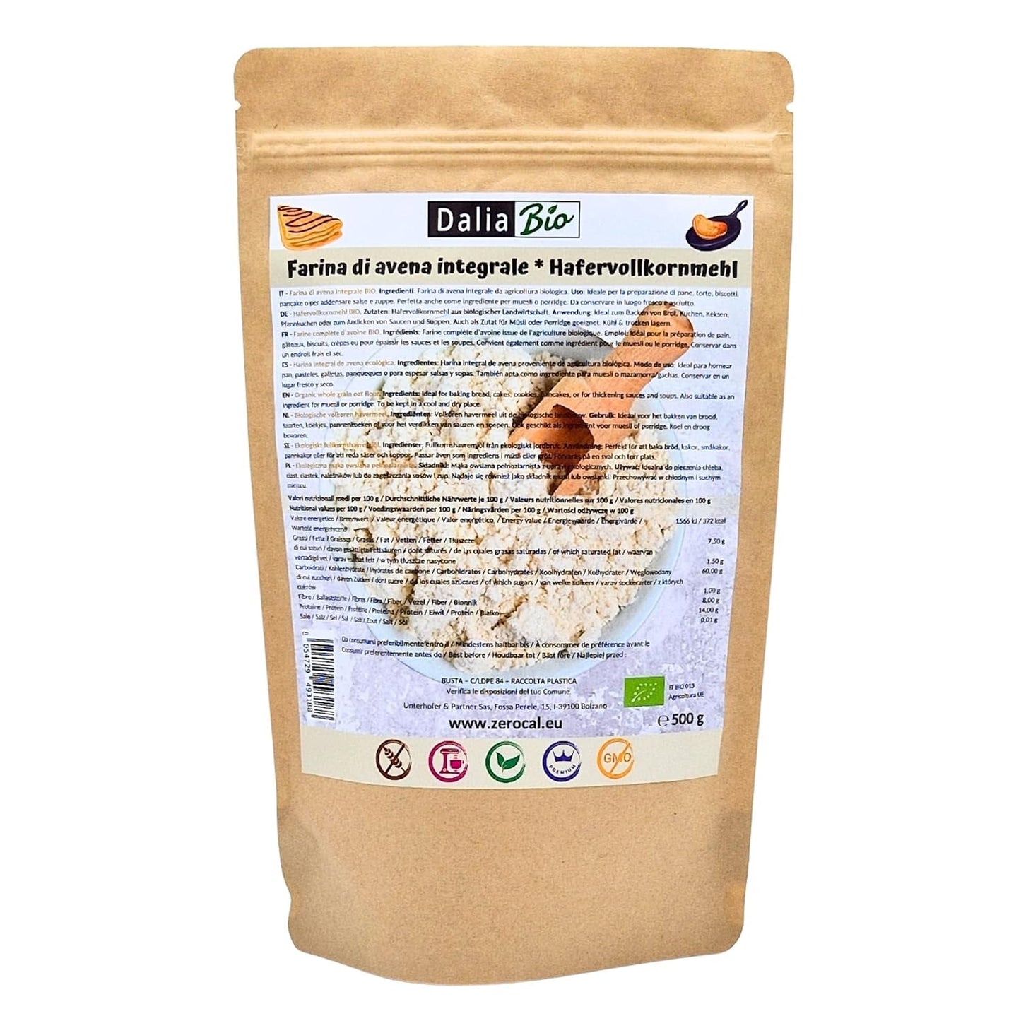 Dalia - Ekologiskt havremjöl 500g | Glutenfri | Rik på fibrer och protein Ursprung: Italien | För bröd, kakor, gröt och fitnessrecept | Premium kvalitet