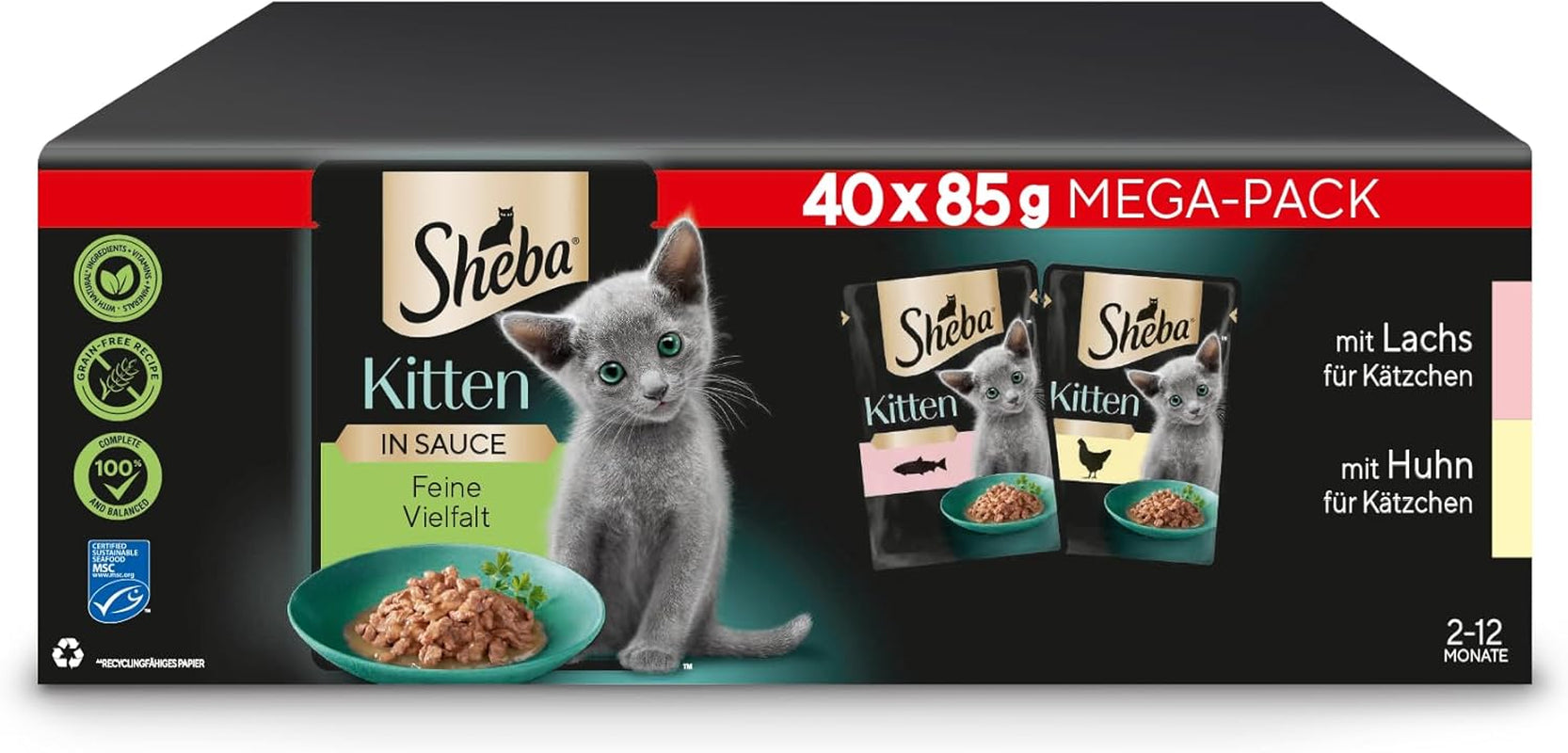 Sheba våtfoder för kattungar, i olika påsar, med lax (MSC) och kyckling i sås, multipack 40x85g