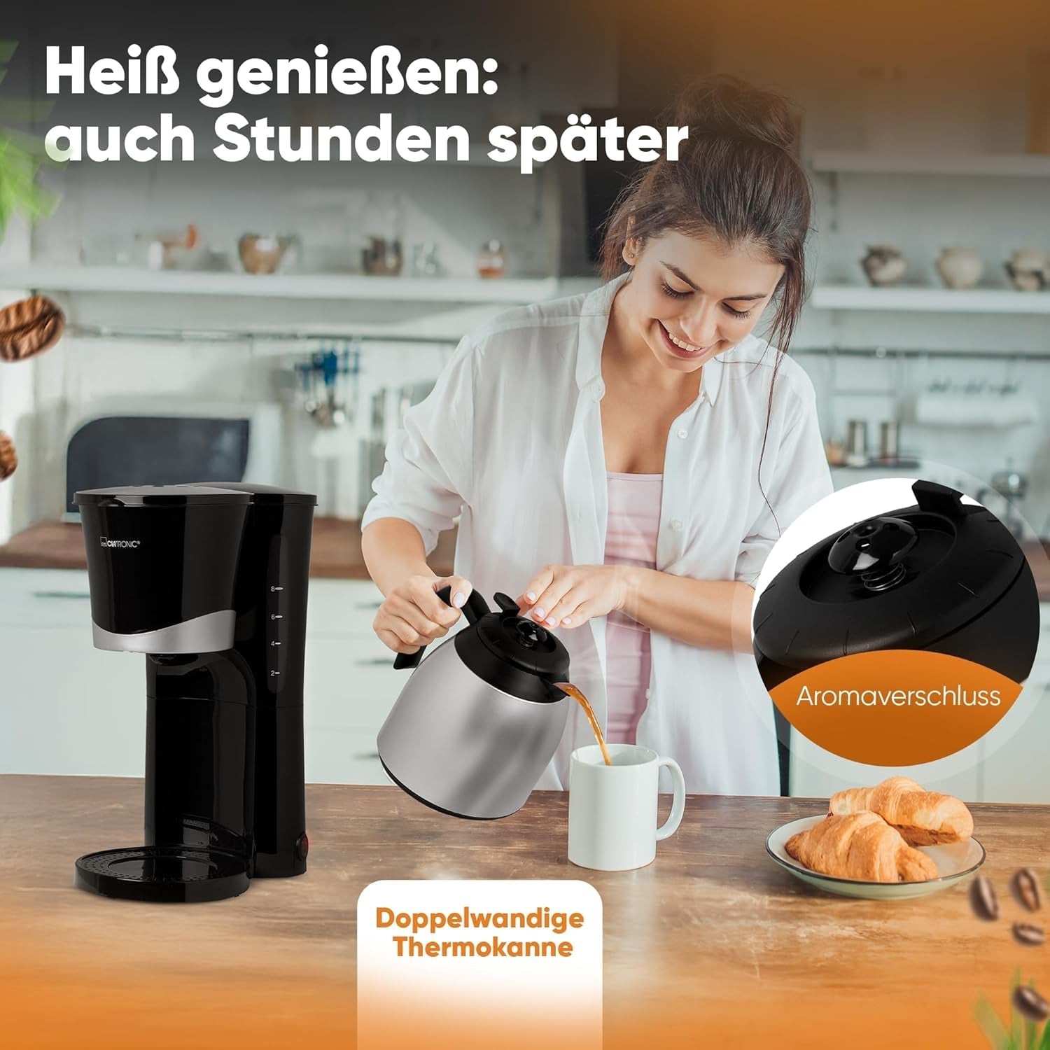 Clatronic® kaffebryggare med termos | för 8-10 koppar kaffe | utan temperaturförlust | kaffebryggare med filter | 1 liter | Espresso | Filterkaffebryggare med termos | KA 3327 svart