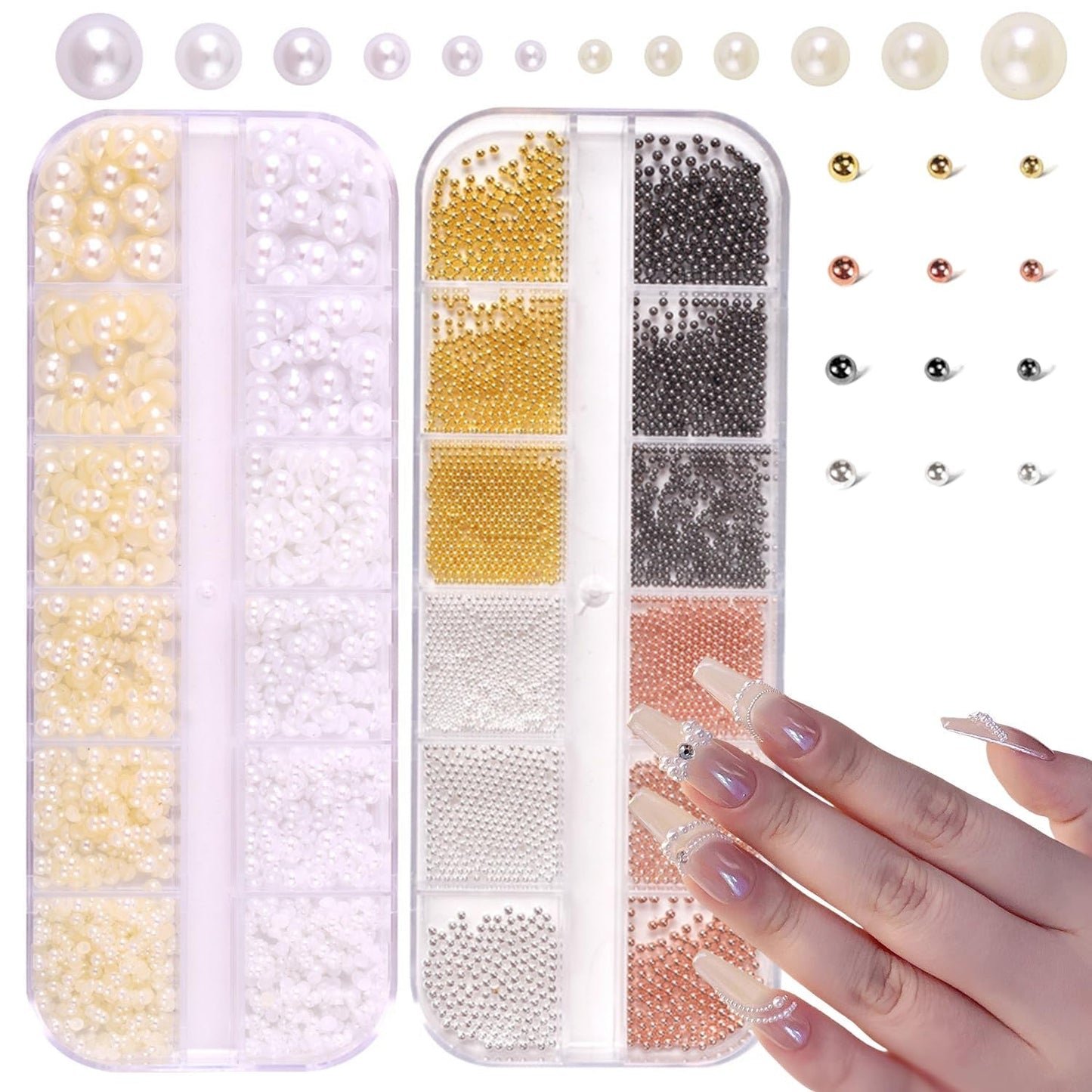 GZMAYUEN Nail Art Perlen Micro Caviar Für Nägel, 0,3-3Mm Goldene Silber Mini Caviar Strasssteine, Weiß Beige Mini Nägel Perlen Mikroperlen Dekor Für Nägel