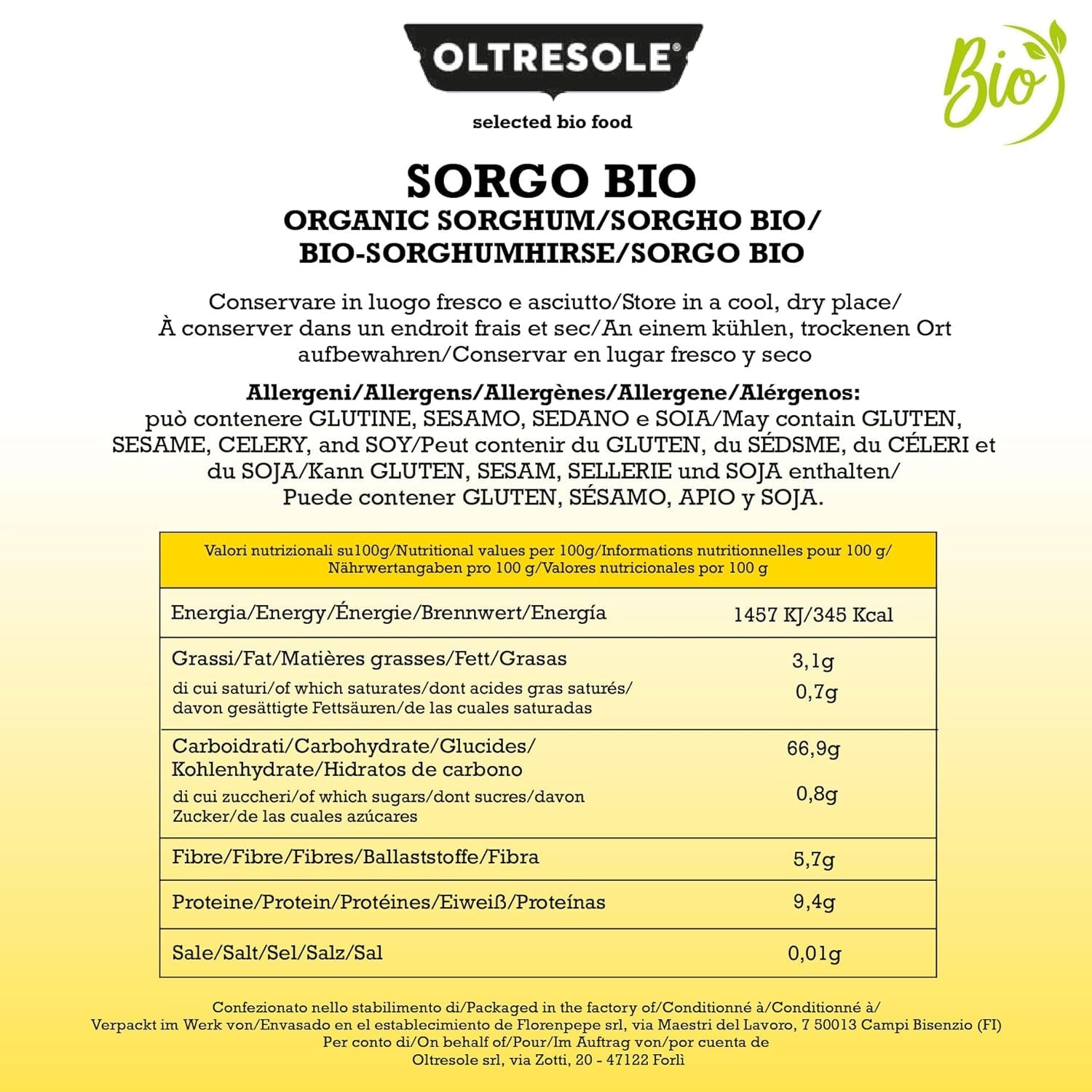 Ekologisk vit sorghum, 1 kg, skal, råsäd, ekologiskt odlad i Italien, perfekt paket för familjen