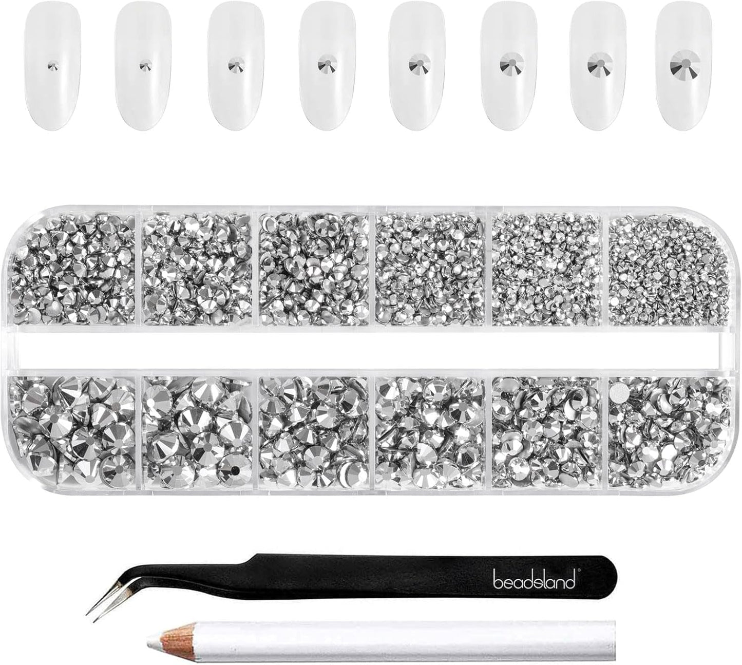 Beadsland 2500st Glas Nailart Strasssteine ​​​​Kristall Flatback Edelsteine ​​​​Runde, ​​Für Handwerk Gemischt 8 Größen SS4 ~ SS30 Mit Picking Pinzette Und Stift (Kristall Weiss)