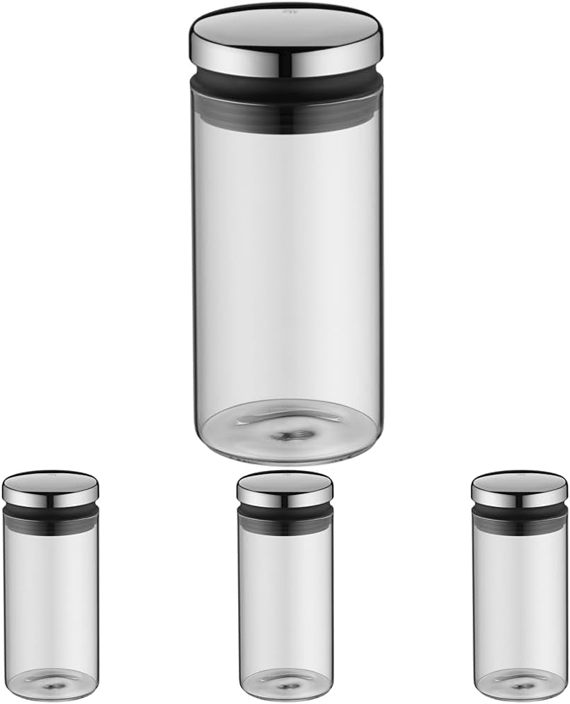 WMF Depot 1L förvaringsburk i glas, höjd 21,5 cm, förvaringsburk med lock, kaffebönbehållare, spannmålsburk, matförvaringsburk med bred påfyllningsöppning (4-pack) Naty Shop Single 1-liters matförvaringslådor (4-pack)