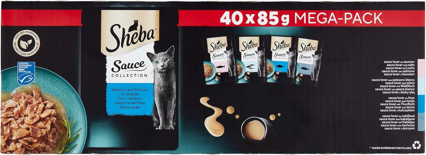 Sheba Sauce Collection Friskhetspåsar, våtfoder, fiskval för vuxna katter, 4 sorter, 40 x 85 g