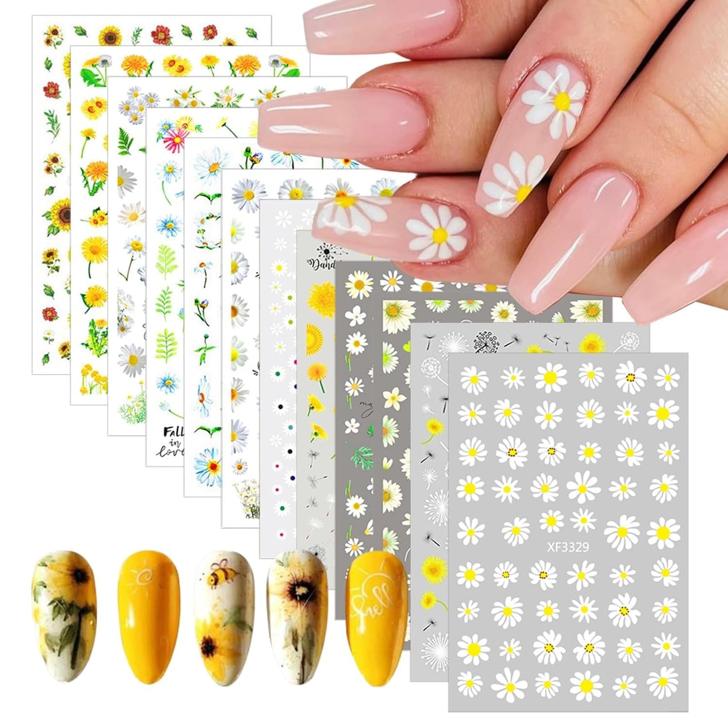 12 ark 3D-effekt Nagelklistermärke UV-härdande Långvarig Blomma Nagelklistermärken Gul Vit Daisy Nail Art Stickers