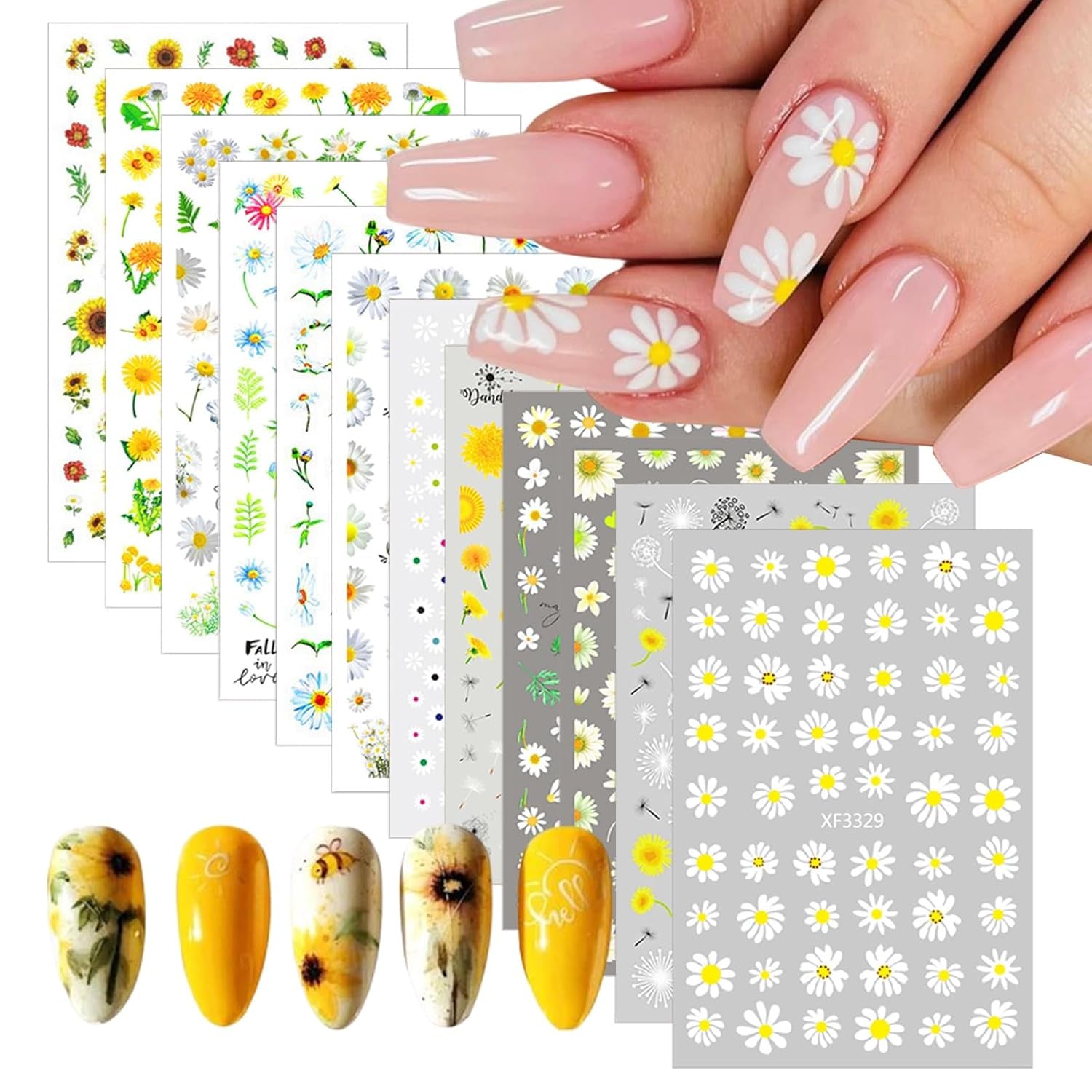12 ark 3D-effekt Nagelklistermärke UV-härdande Långvarig Blomma Nagelklistermärken Gul Vit Daisy Nail Art Stickers