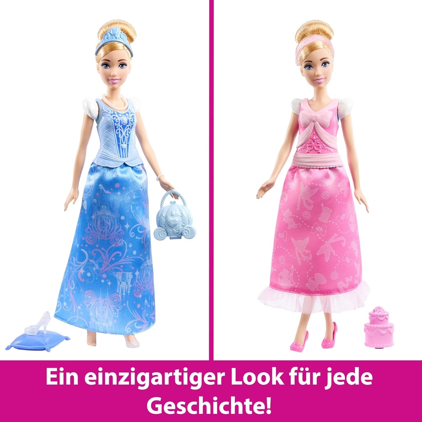Mattel Disney Princess Toys Cinderella modedocka med 2 outfits, 9 accessoarer, 2 toppar med clips och 2 kjolar. 2 i 1 berättelser inspirerade av Disney-filmen, JCR95