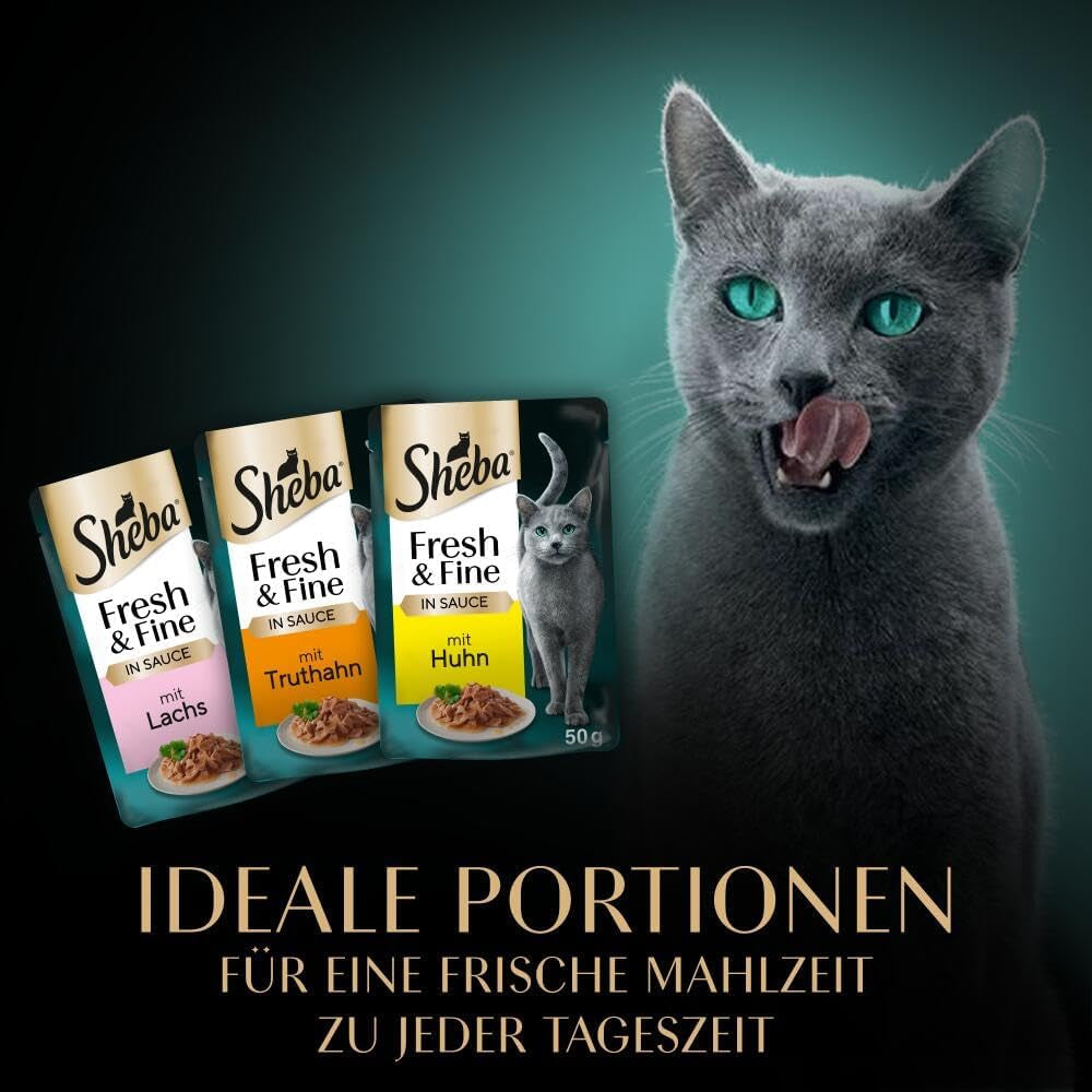 Sheba Portion Pouches Våtfoder för katter, multipack Fresh & Fine i sås med MSC kyckling och lax, 6x6x50g - Fina måltider för katter i sås