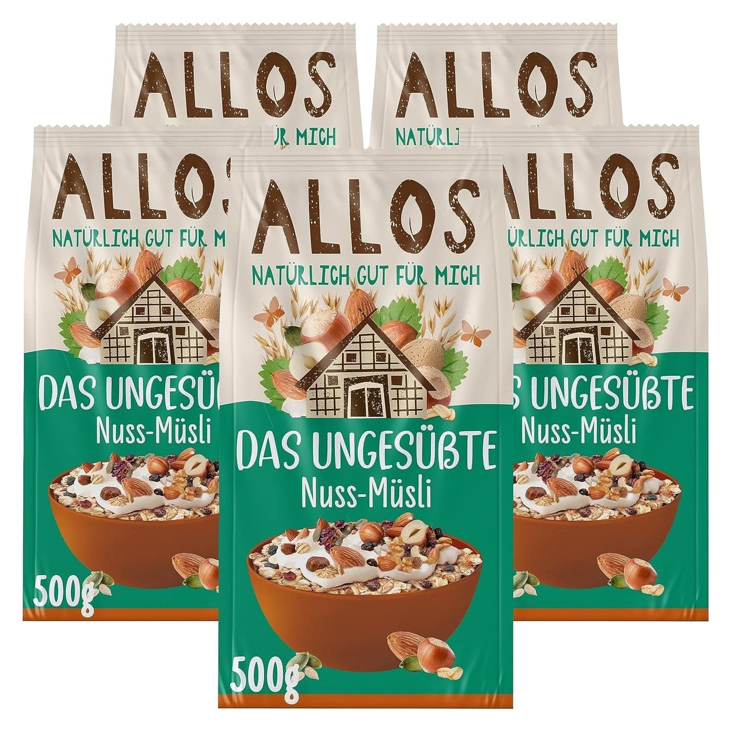 Allos, osötad bärmüsli, förpackning 5 x 500 gram Spannmål Naty Shop Hasselnötter