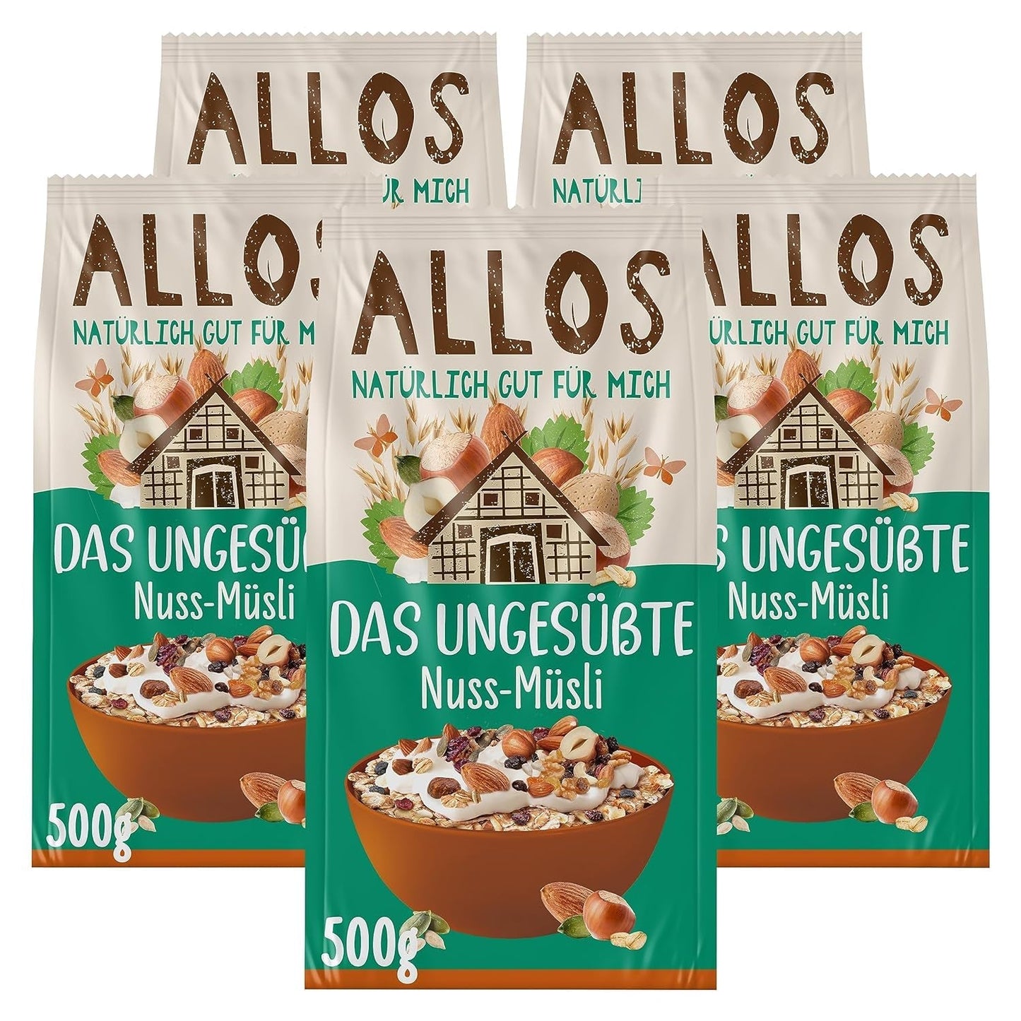 Allos osötad proteinmüsli | Ekologisk müsli | Havregryn | Spannmål till frukost | Vegansk (5 x 450 g), 1 st (pack om 5)