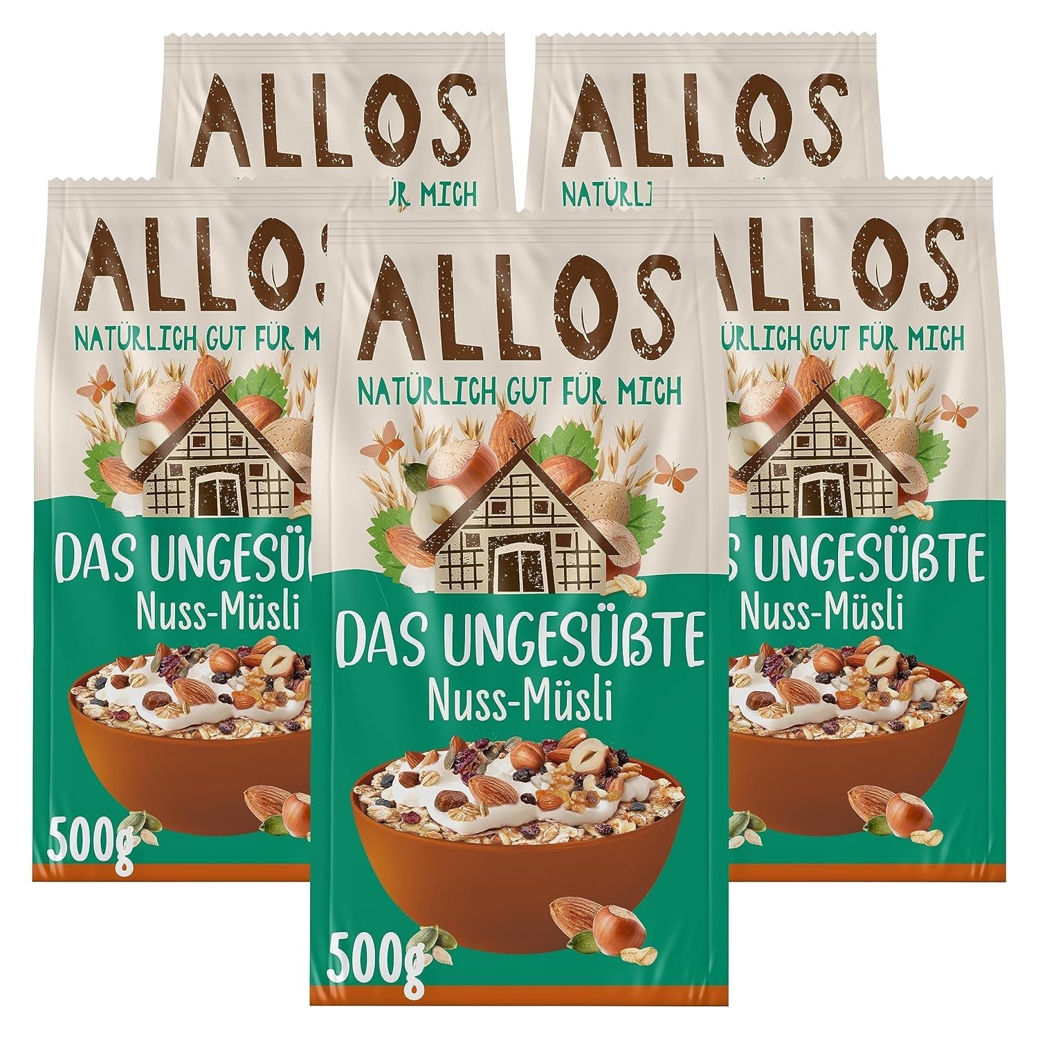 Allos osötad proteinmüsli | Ekologisk müsli | Havregryn | Spannmål till frukost | Vegansk (5 x 450 g), 1 st (pack om 5)