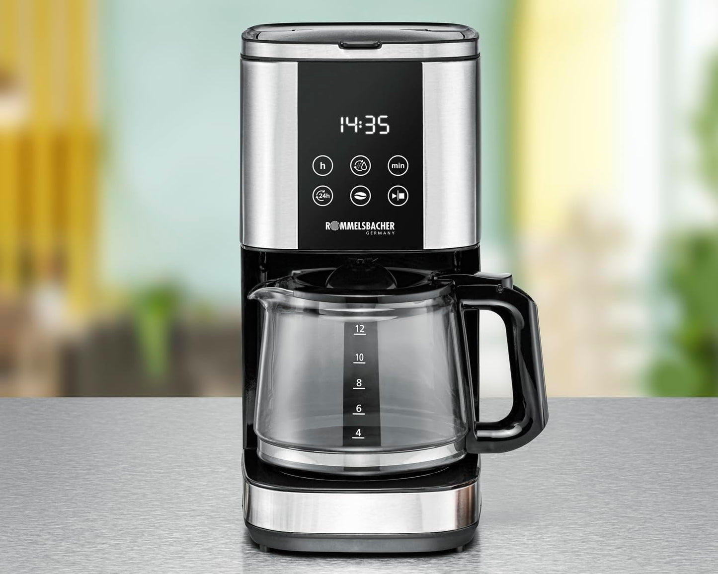 Rommelsbacher FKM 1000 filter espressomaskin - 1,5 liters vattentank för 12 koppar kaffe, glaskaraff, fördröjd start, varmhållningsfunktion, aromfunktion, avtagbar filterhållare 1x4