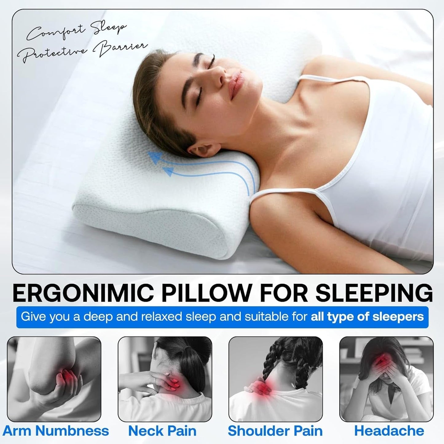 Ortopedisk Memory Foam Nackstödskudde - Ergonomisk kudde, Antisnarkningskudde för sido-, mage- och ryggslipare, kudde, 60 cm x 40 cm x 12 cm cervikala ortopediska kuddar Naty Shop