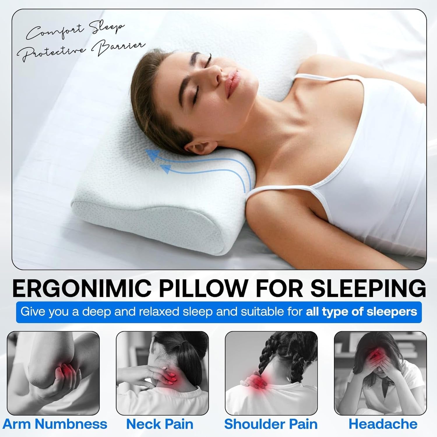 Ortopedisk Memory Foam Nackstödskudde - Ergonomisk kudde, Antisnarkningskudde för sido-, mage- och ryggslipare, kudde, 60 cm x 40 cm x 12 cm cervikala ortopediska kuddar Naty Shop