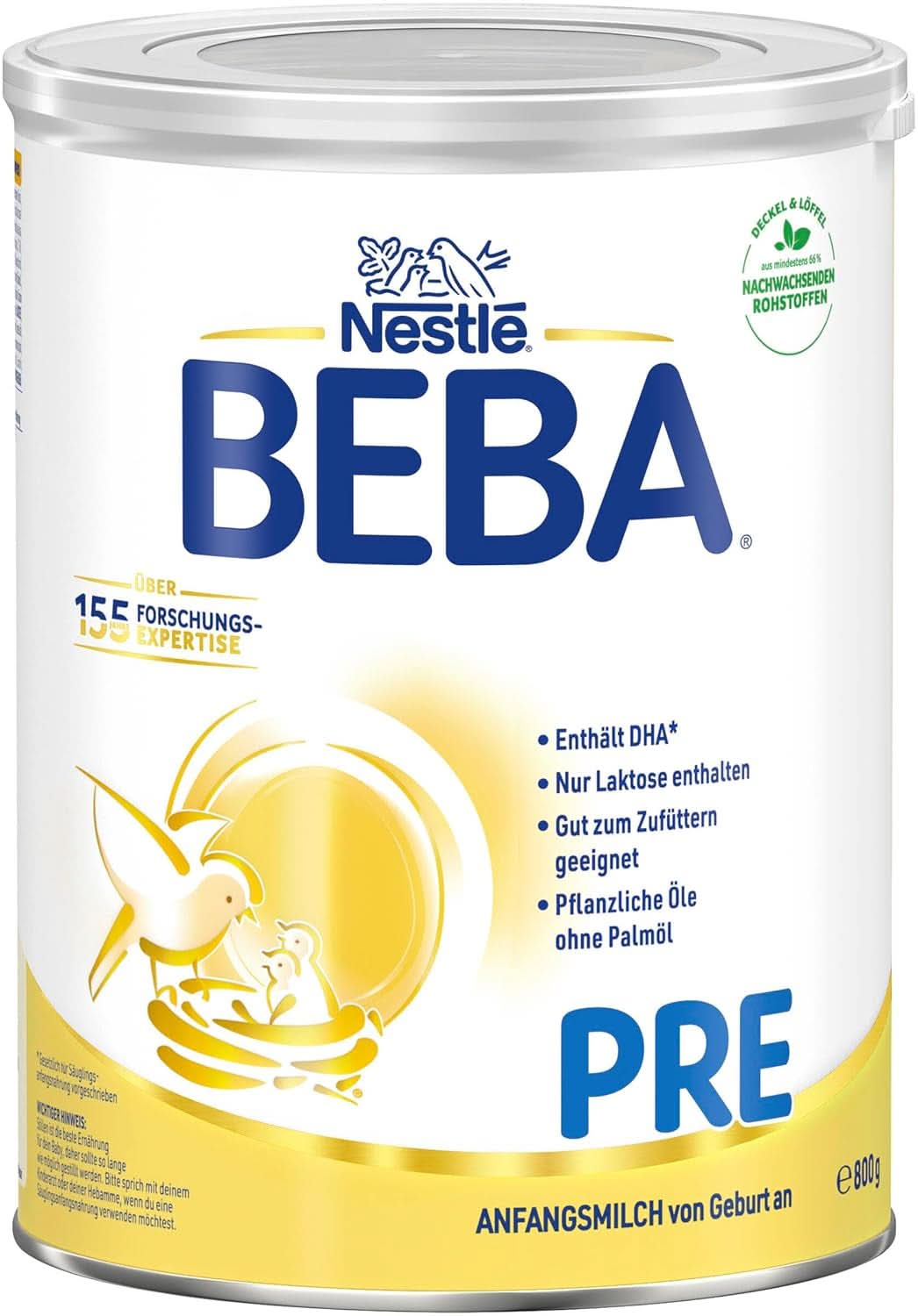 BEBA PRE Initial mjölk från födseln, barnmat med DHA, endast laktos, ingen palmolja, pack 3 (3 x 800 g) Naty Shop