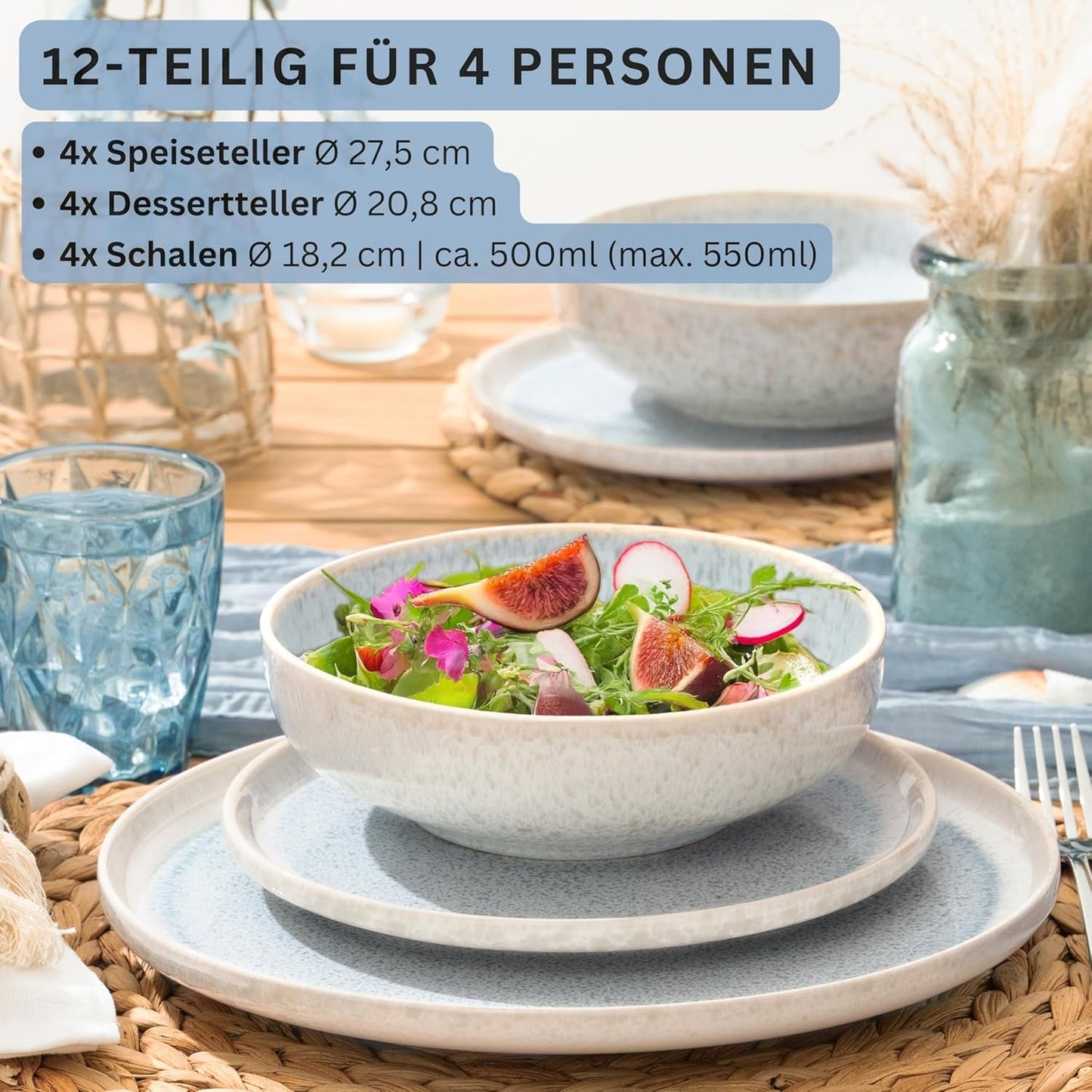 SANGER | 12 delar Santorini servisset 4 personer tallrik set MYCKET BRA betygsatt stengods servis set inklusive middagstallrikar, desserttallrikar och suma tallrikar Creme Lila Blå Gradient | PREMIUM KOLLEKTIONEN