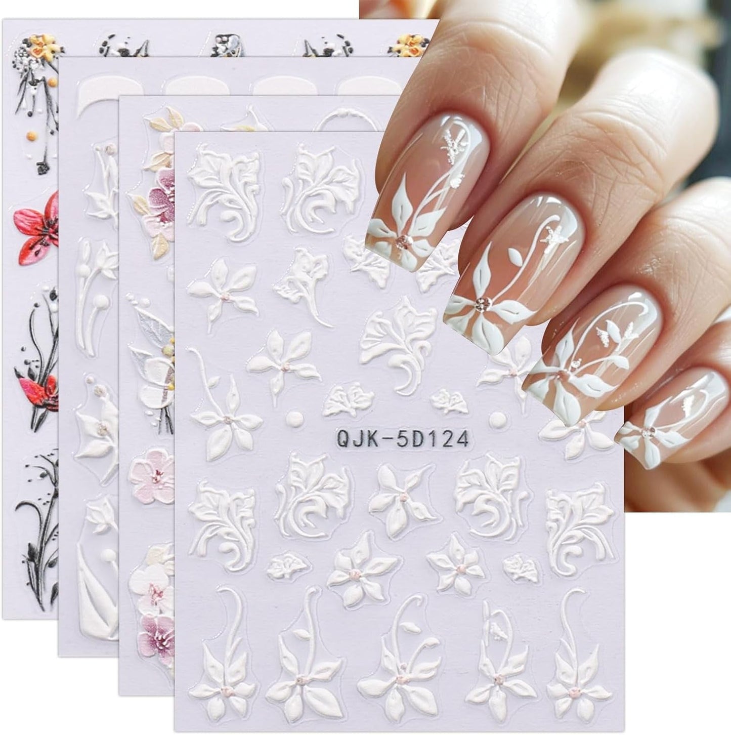 JMEOWIO 3D Nagelsticker Blumen Nail Art Sticker Selbstklebend Nagelaufkleber 5D Stereoskopisk Frühling Sommer Dekoration Nageldesign Zubehör 4 Blatt
