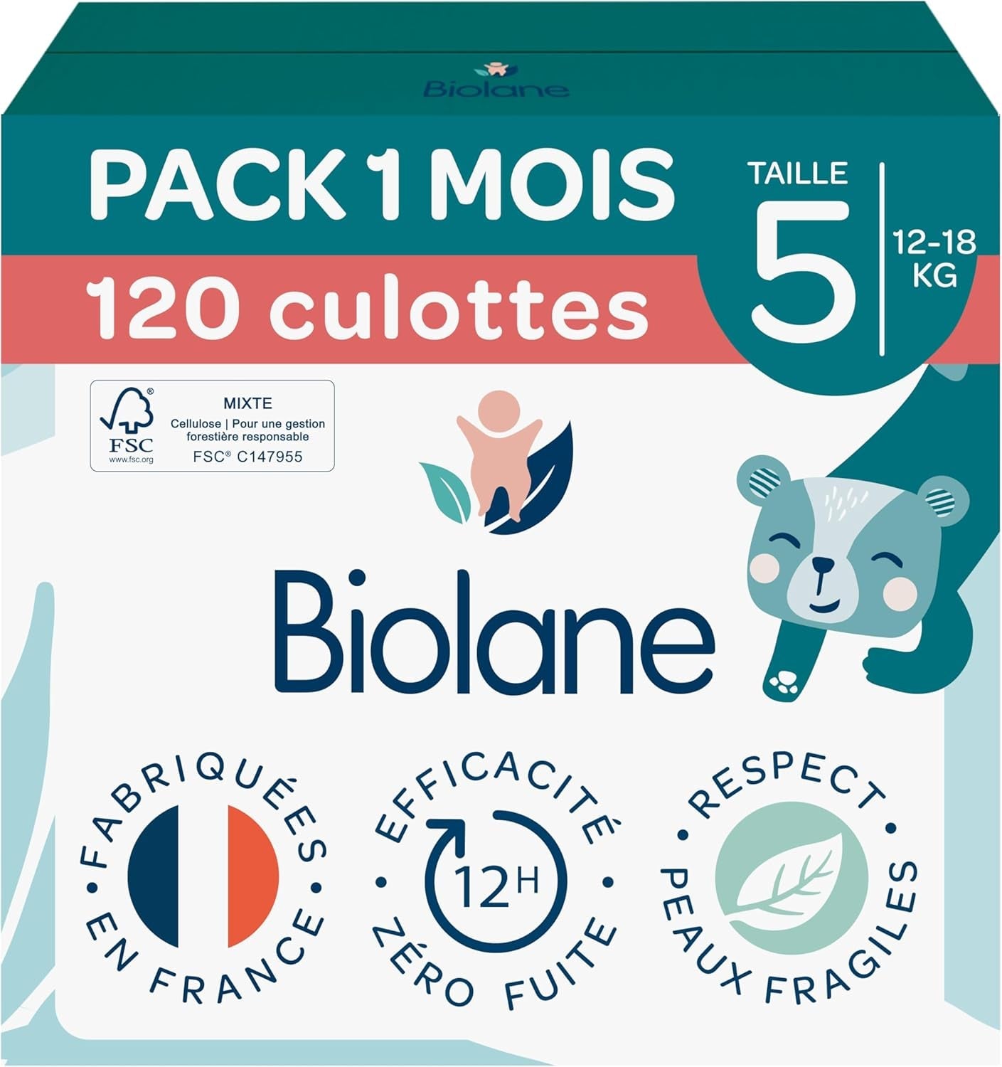 BIOLANE - Korta blöjor - Storlek 5 (12-18 kg) - 12 timmars täthet - 1 månadsförpackning - 120 blöjor - ekologiskt