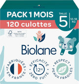 BIOLANE - Korta blöjor - Storlek 5 (12-18 kg) - 12 timmars täthet - 1 månadsförpackning - 120 blöjor - ekologiskt