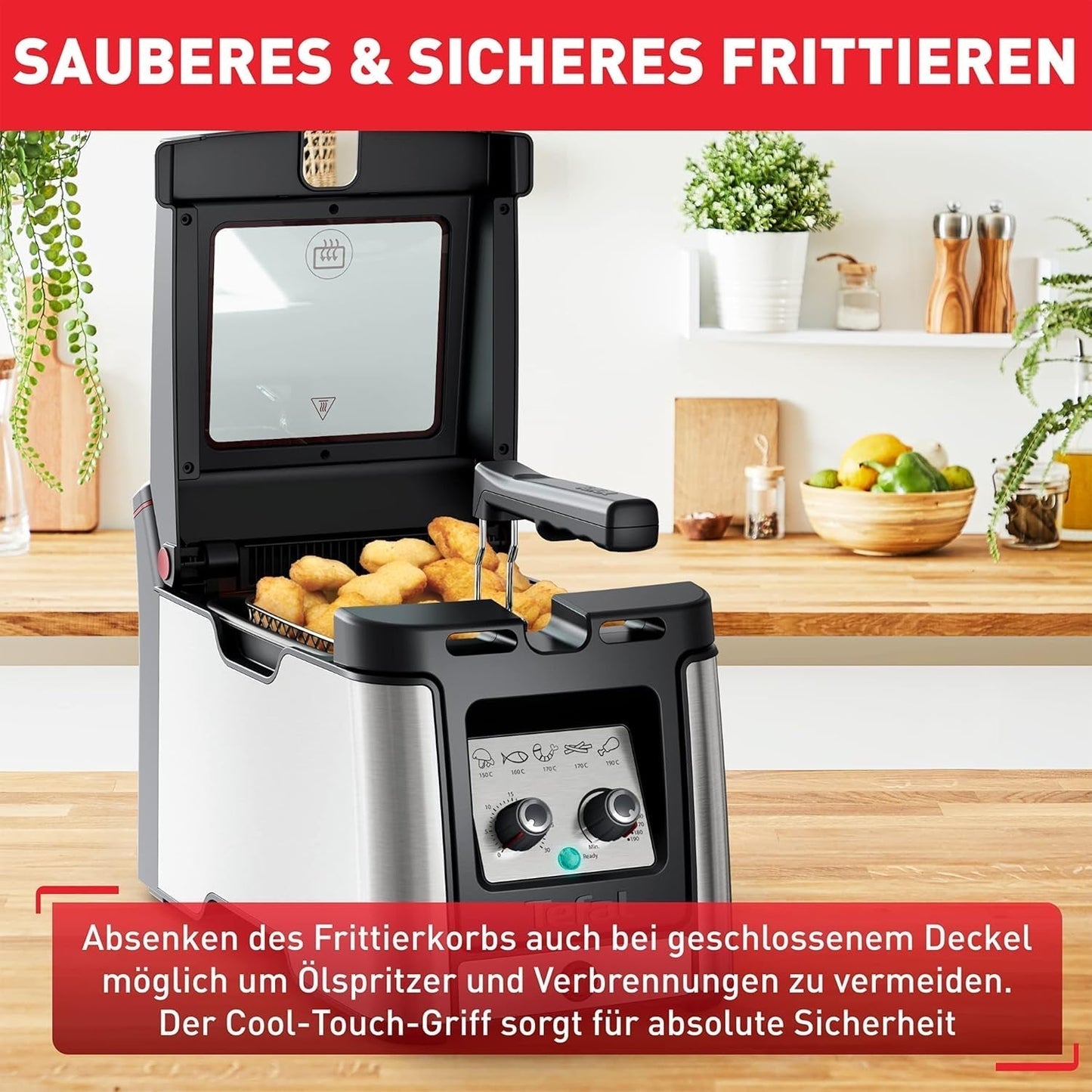 Tefal FR600D Clear Duo fritös, fritering med mindre rök och lukt, kapacitet 1,2 kg, termostat, timer, stort visningsfönster utan imma Hushållsapparater Naty Shop