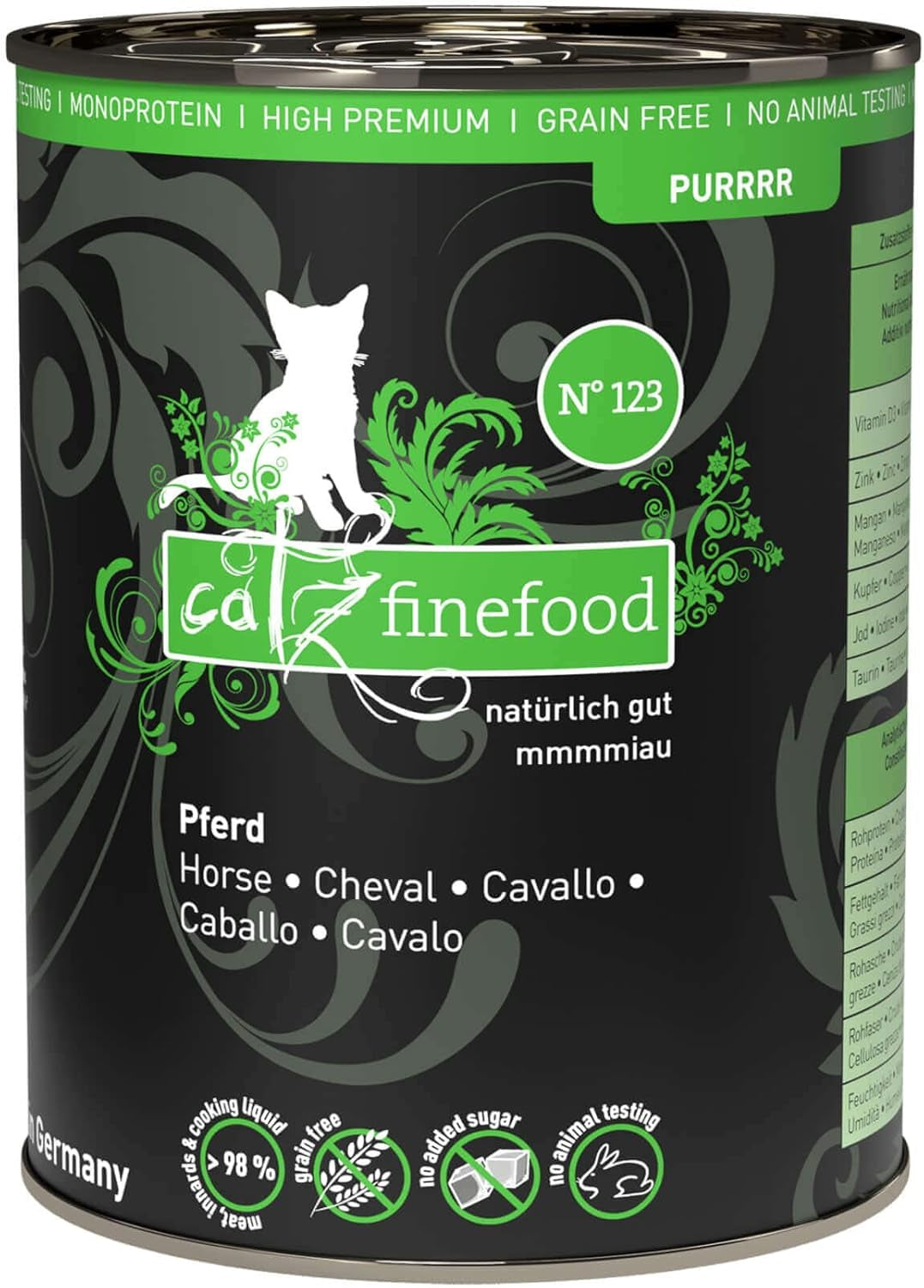 Våtfoder för katter Catz Finefood Purrrr Häst Monoprotein nr. 123, för katter med känslig matsmältning, 70% kötthalt, 6 lådor x 400 g