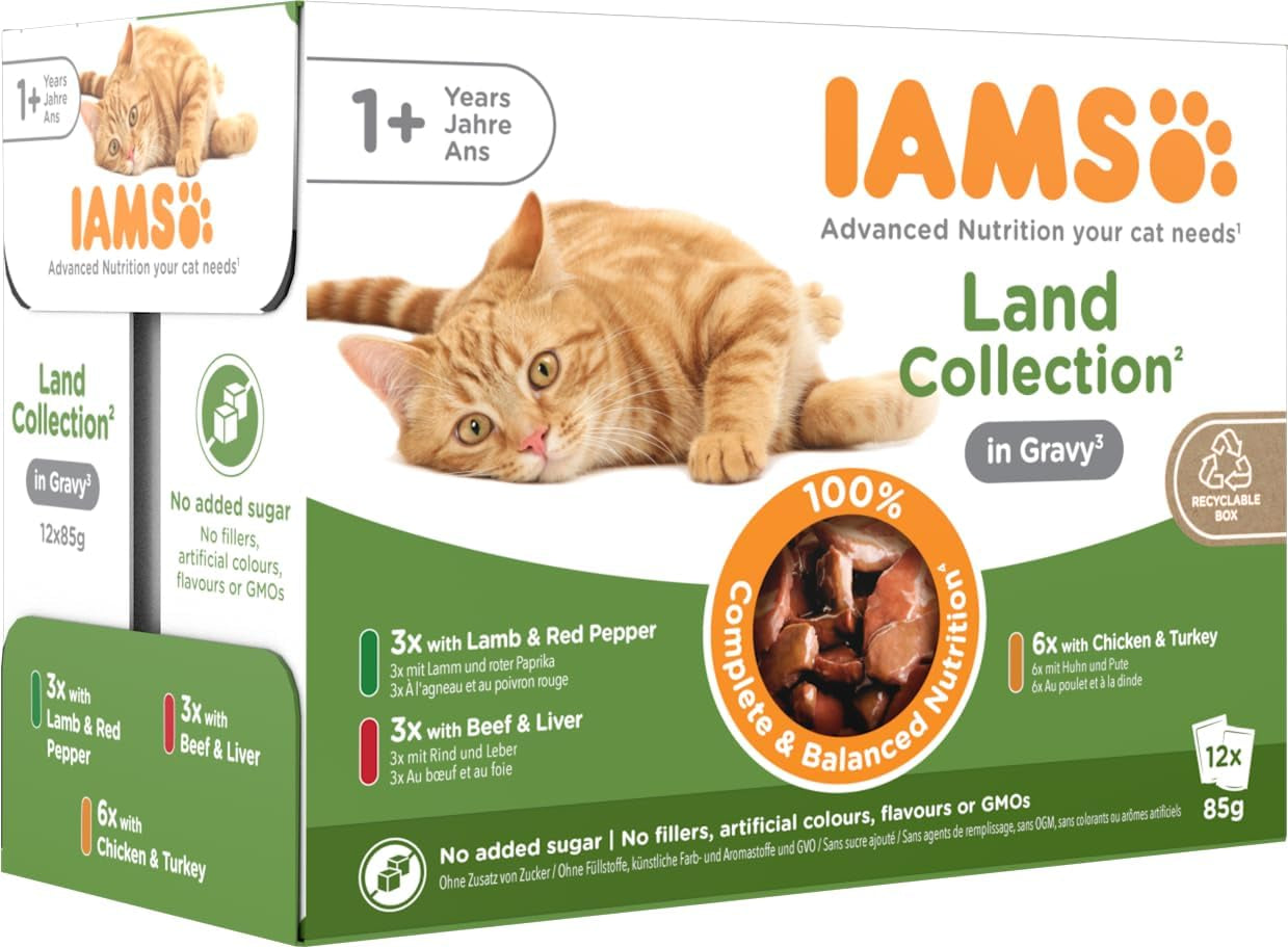 IAMS Delights Land Collection Våtfoder för katter - Multipack med köttsorter (lamm, nötkött, kyckling och kalkon) i sås, våtfoder för katter från 1 år, 12 x 85g