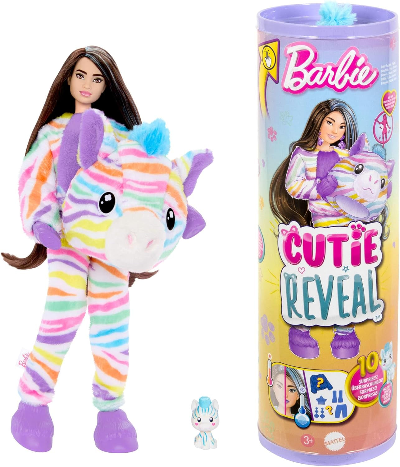 Barbie Cutie Reveal Doll och tillbehör, Batik Bunny Plush Outfit och 10 färgskiftande överraskningar, Color Dream Series, HRK38 Naty Shop Rainbow Zebra Dolls