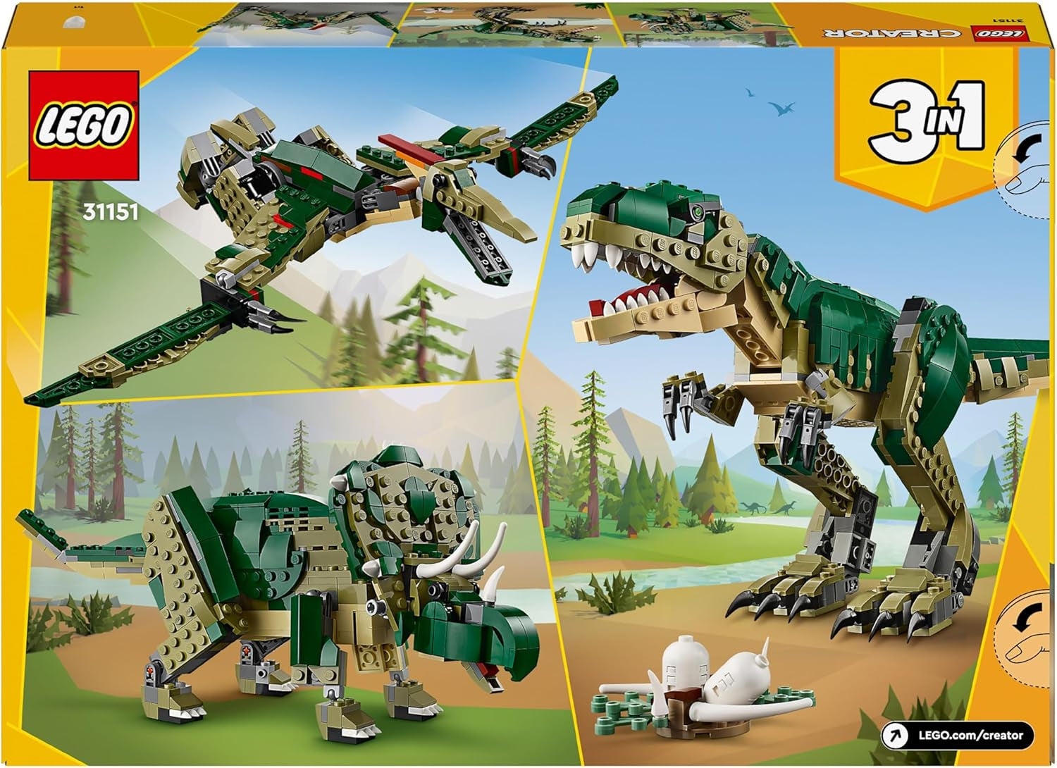 LEGO Creator T.Rex, Dino 3-i-1 Transformable Triceratops eller Pterodactyl, Mobil dinosauriemodell för barn, present till pojkar och flickor 31151 Byggset Besuche den LEGO-Store