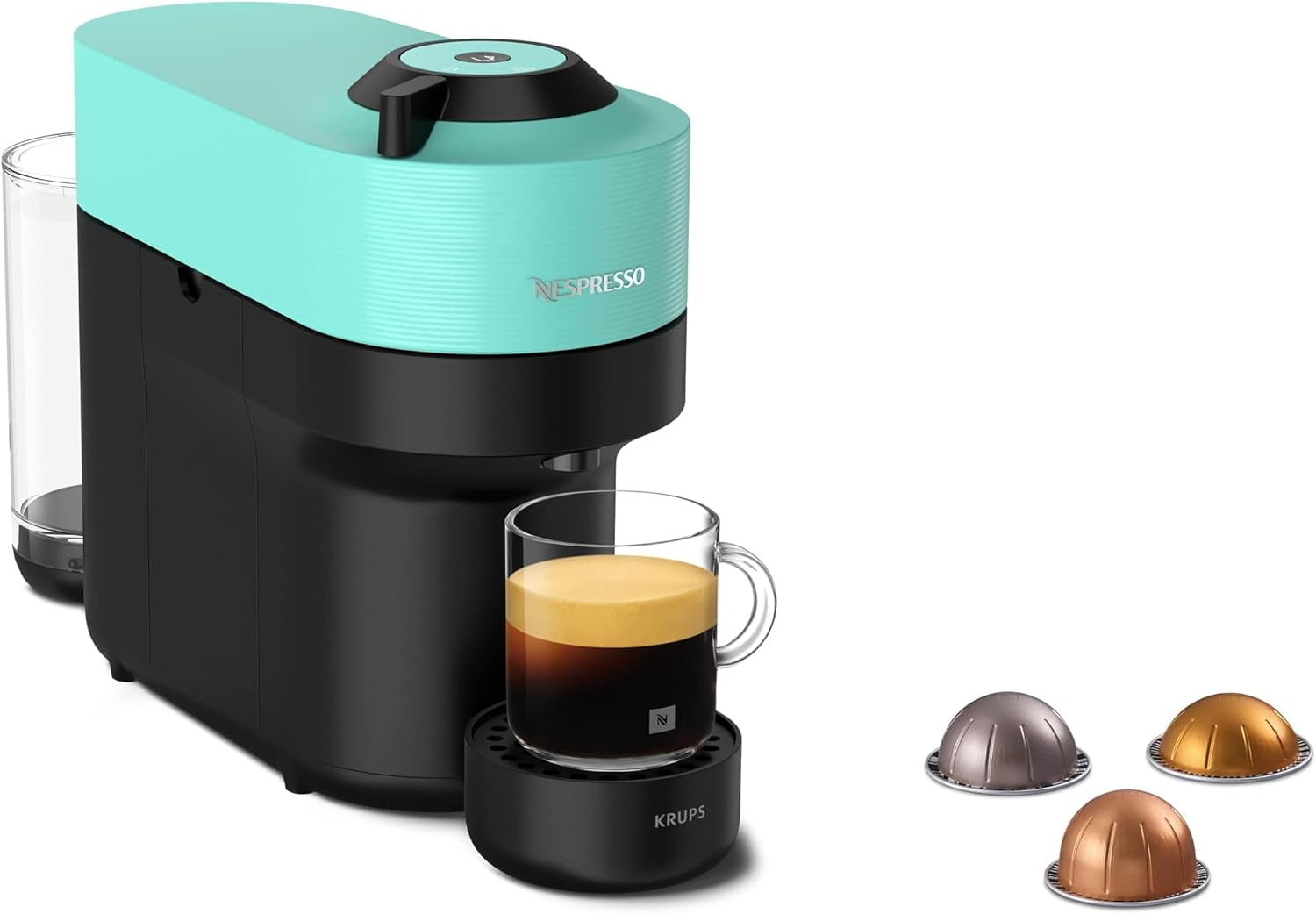 Espressomaskin med Nespresso Krups Vertuo Pop-kapslar, kapacitet: 560 ml, automatisk kapseligenkänning, one-touch-system, 4 koppstorlekar, förkortad uppvärmningstid, hållbar, Aqua Mint, XN9204