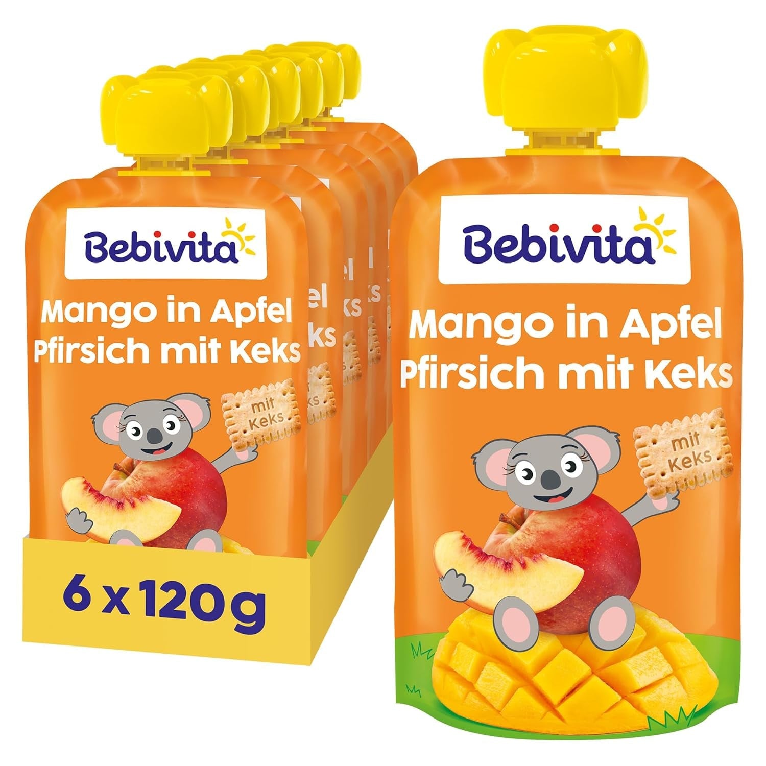 Mango i äppel- och persikosås med en påse kex (6 x 120 g), utan tillsatt socker, gjord på mild frukt och värdefulla flingor, perfekt för tilltugg och på språng.